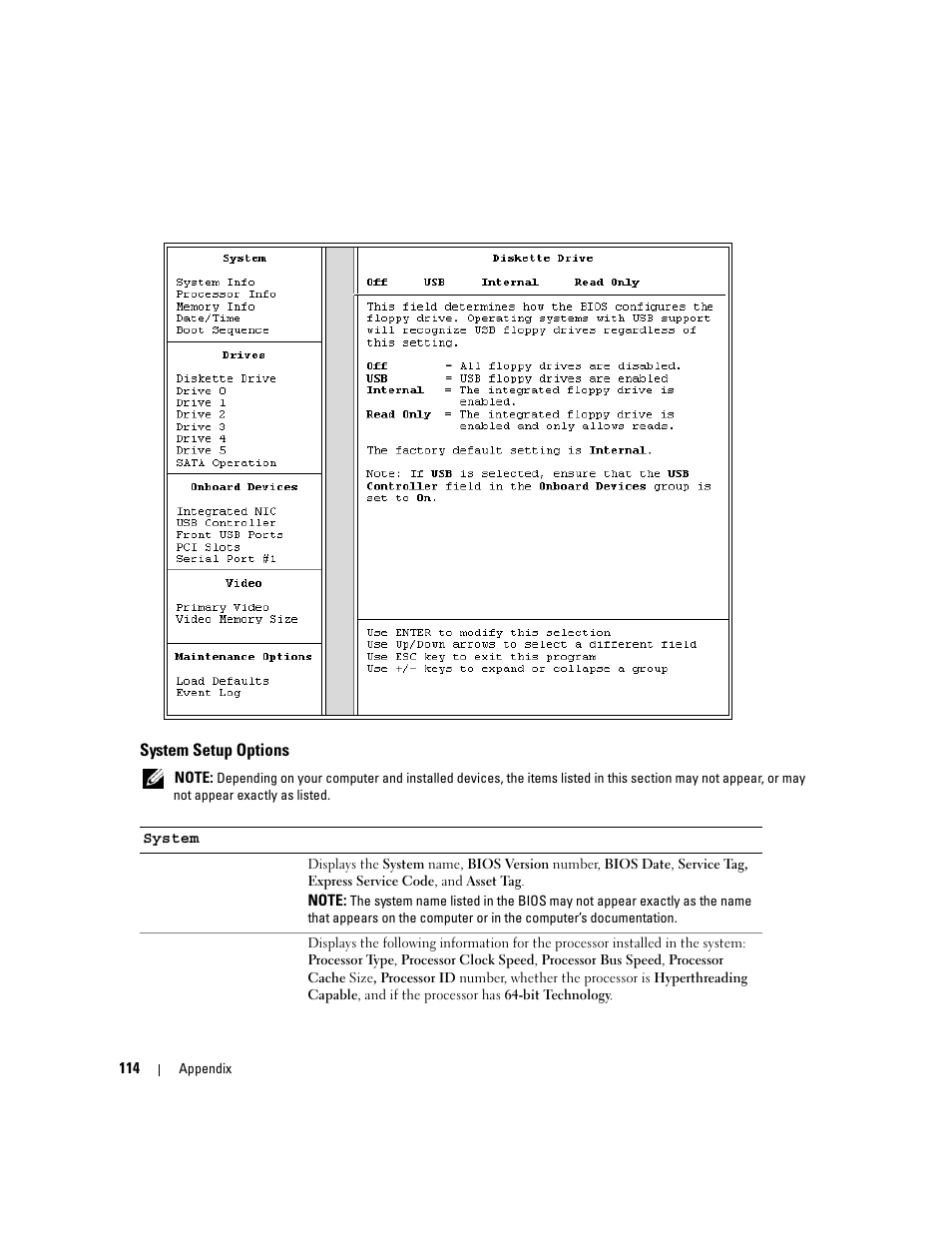 System setup options | Dell Dimension E520 User Manual | Page 114 / 162