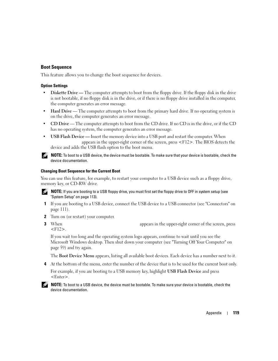 Boot sequence | Dell Dimension E520 User Manual | Page 119 / 162