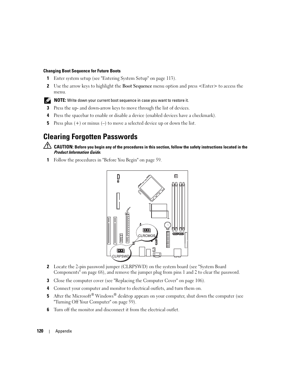 Clearing forgotten passwords | Dell Dimension E520 User Manual | Page 120 / 162