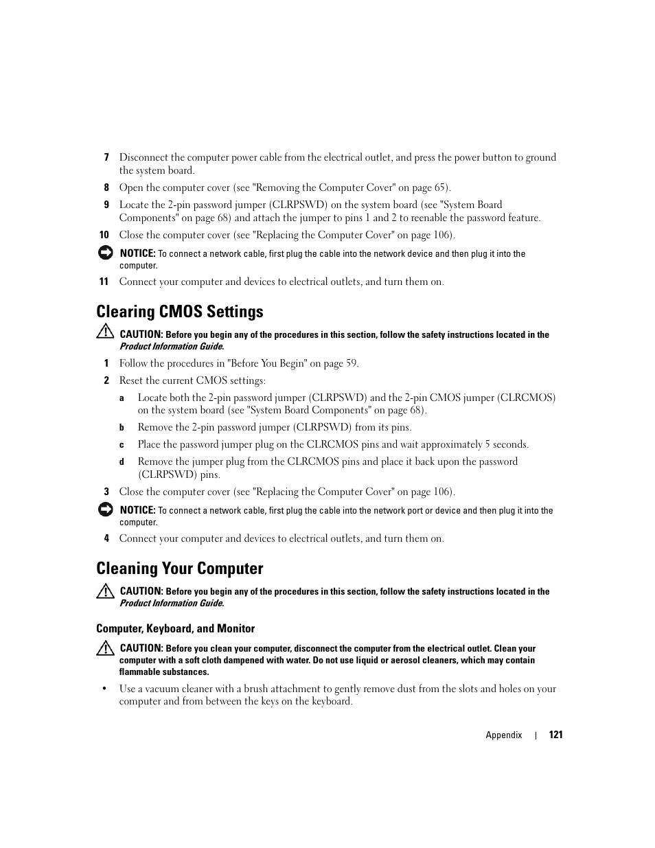 Clearing cmos settings, Cleaning your computer, Computer, keyboard, and monitor | Dell Dimension E520 User Manual | Page 121 / 162