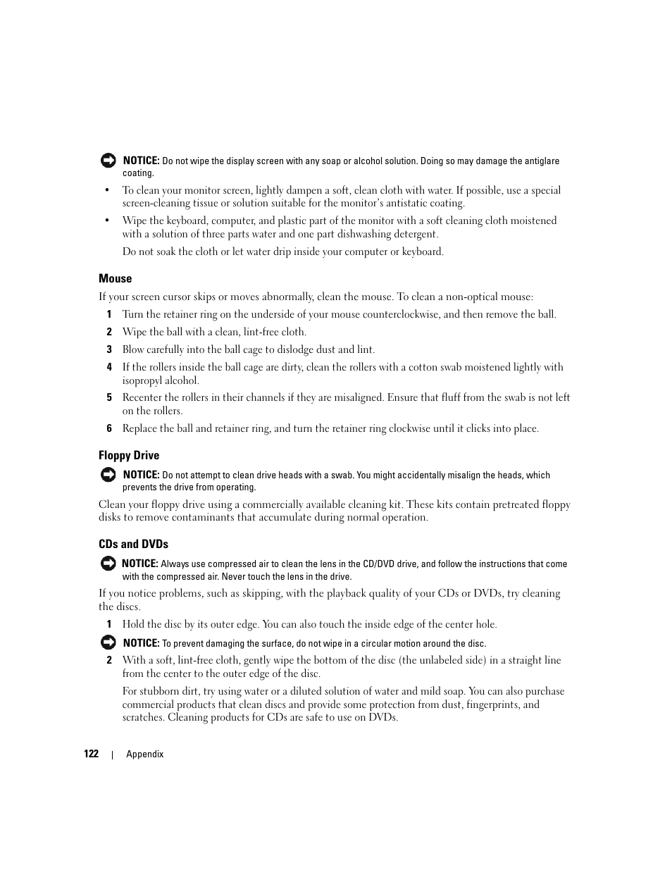 Mouse, Floppy drive, Cds and dvds | Dell Dimension E520 User Manual | Page 122 / 162