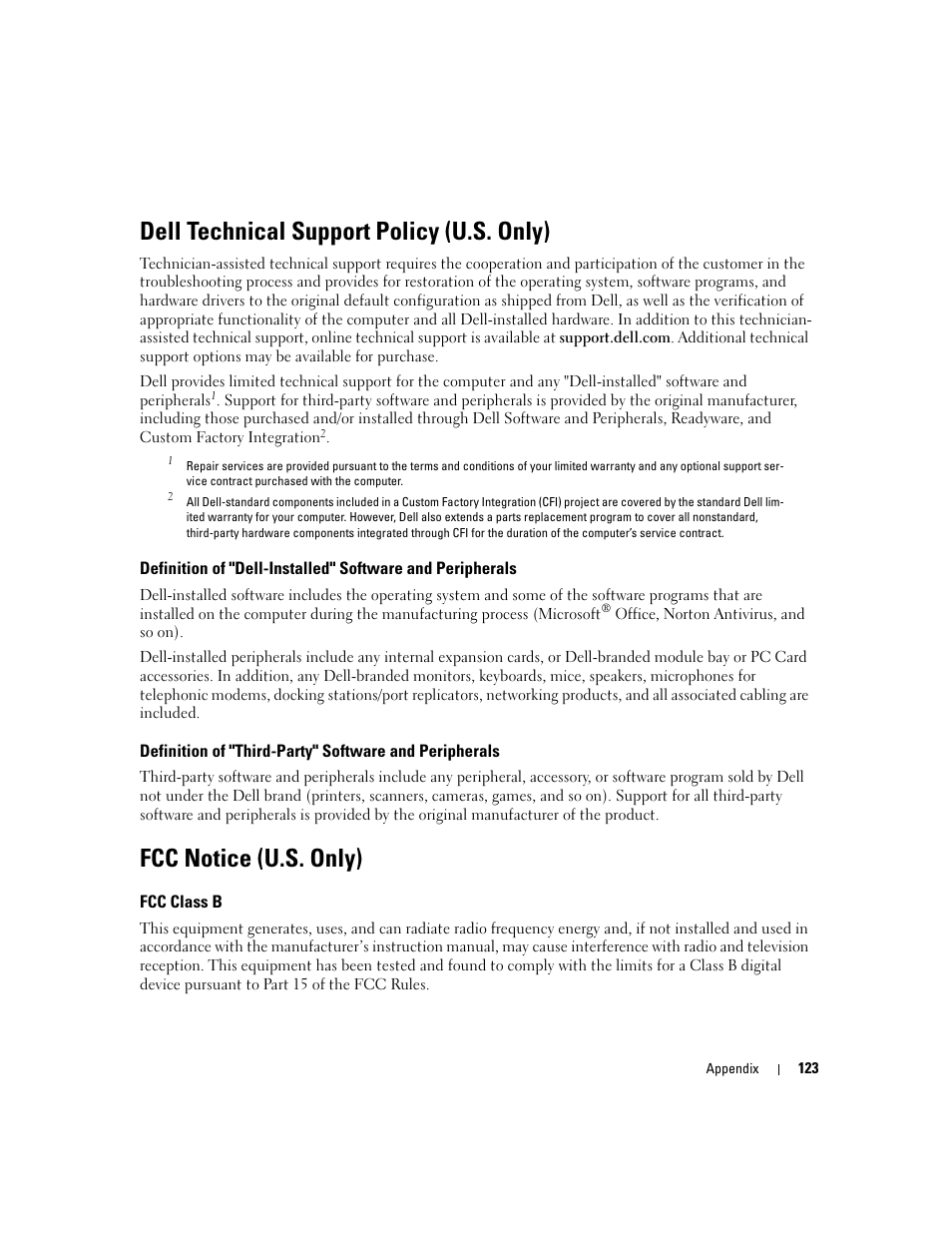 Dell technical support policy (u.s. only), Fcc notice (u.s. only), Fcc class b | Dell Dimension E520 User Manual | Page 123 / 162