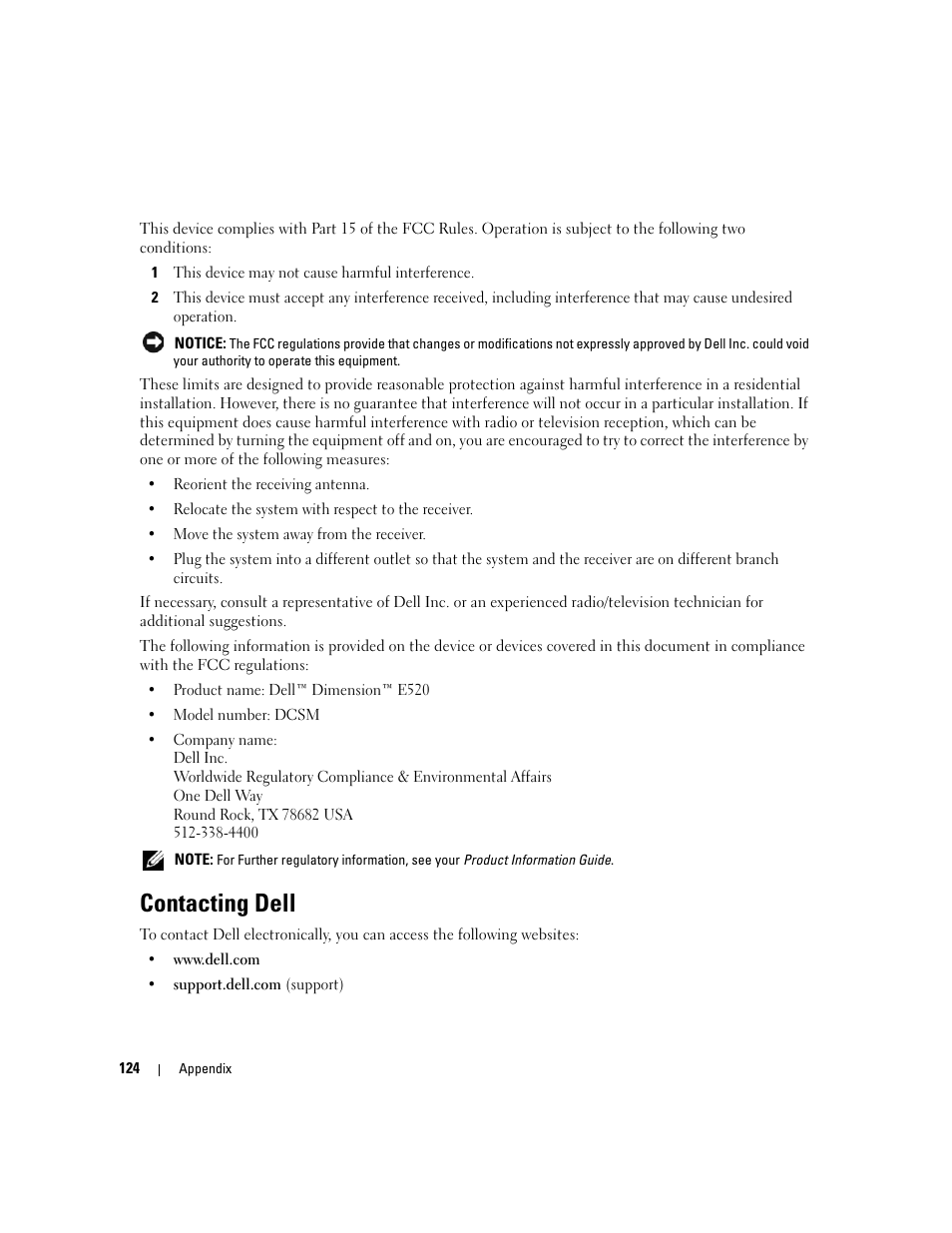 Contacting dell | Dell Dimension E520 User Manual | Page 124 / 162