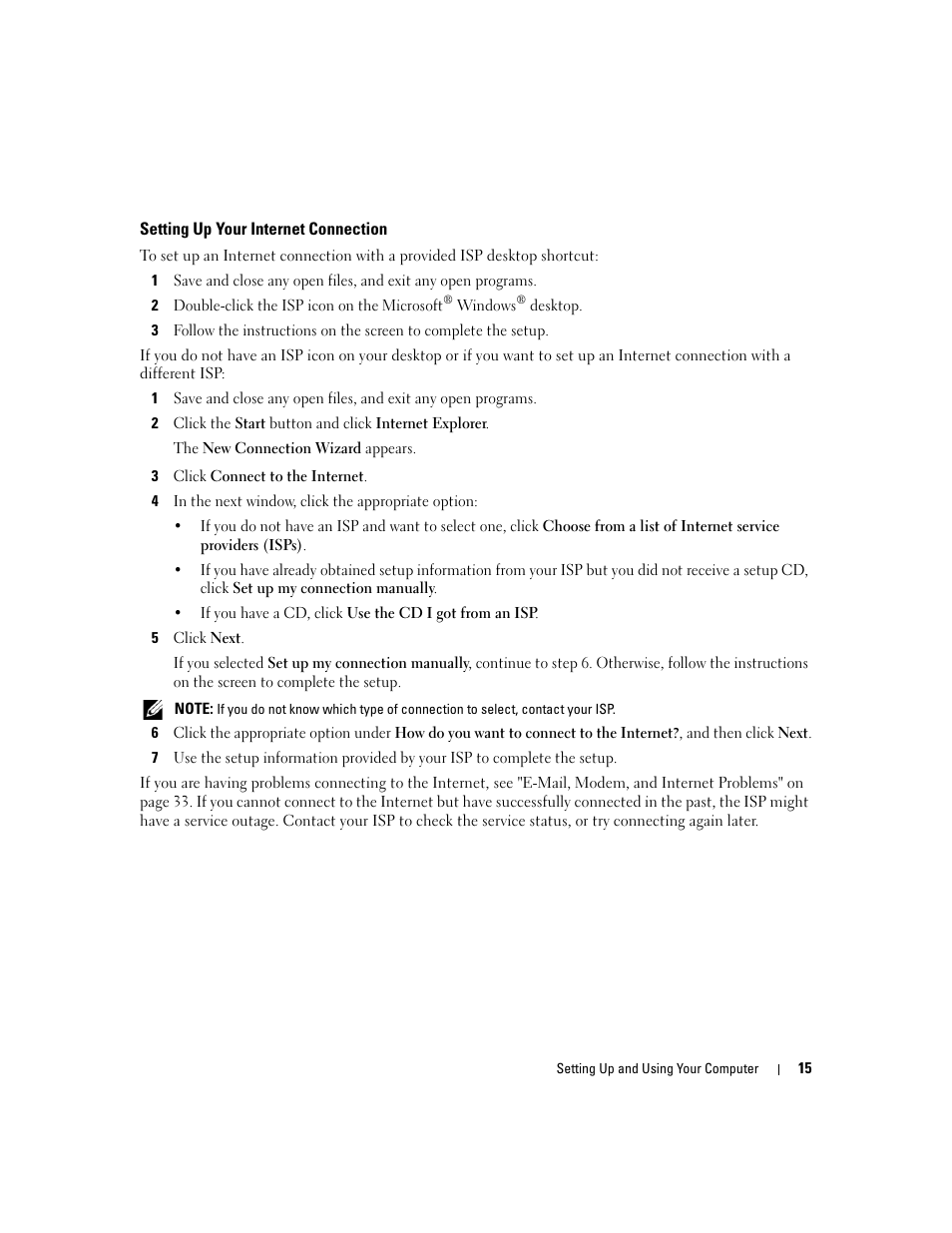 Setting up your internet connection | Dell Dimension E520 User Manual | Page 15 / 162