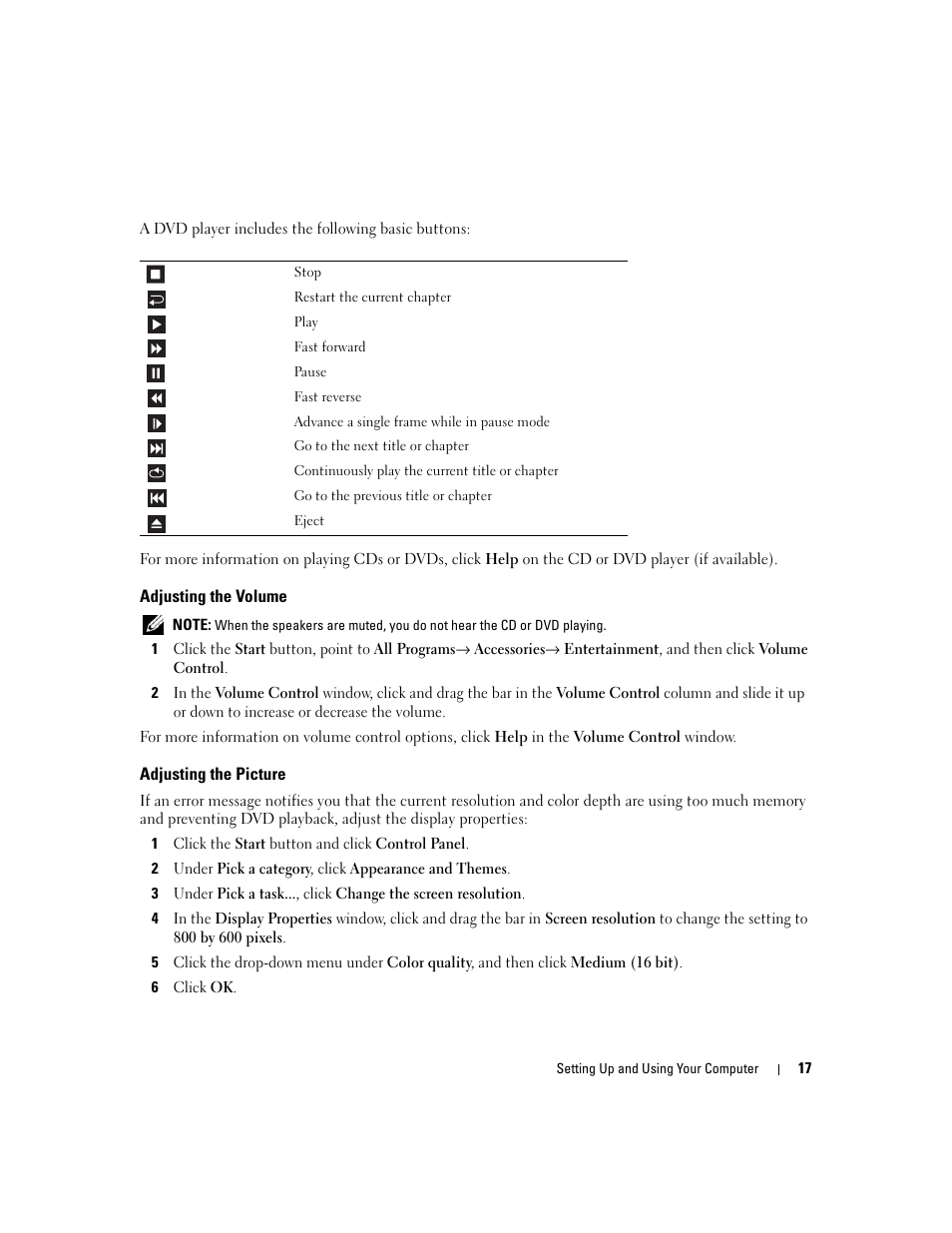 Adjusting the volume, Adjusting the picture | Dell Dimension E520 User Manual | Page 17 / 162