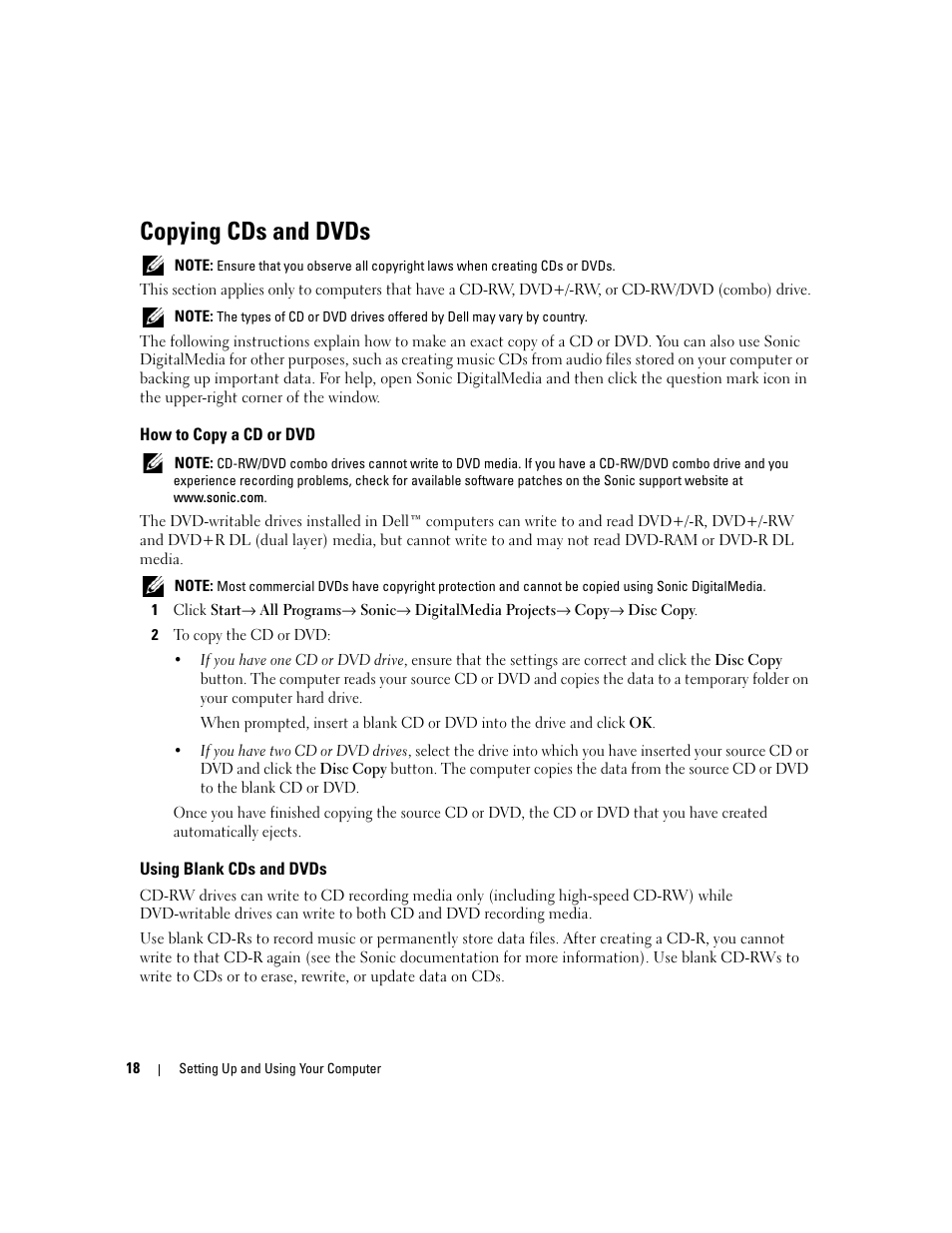 Copying cds and dvds, How to copy a cd or dvd, Using blank cds and dvds | Dell Dimension E520 User Manual | Page 18 / 162