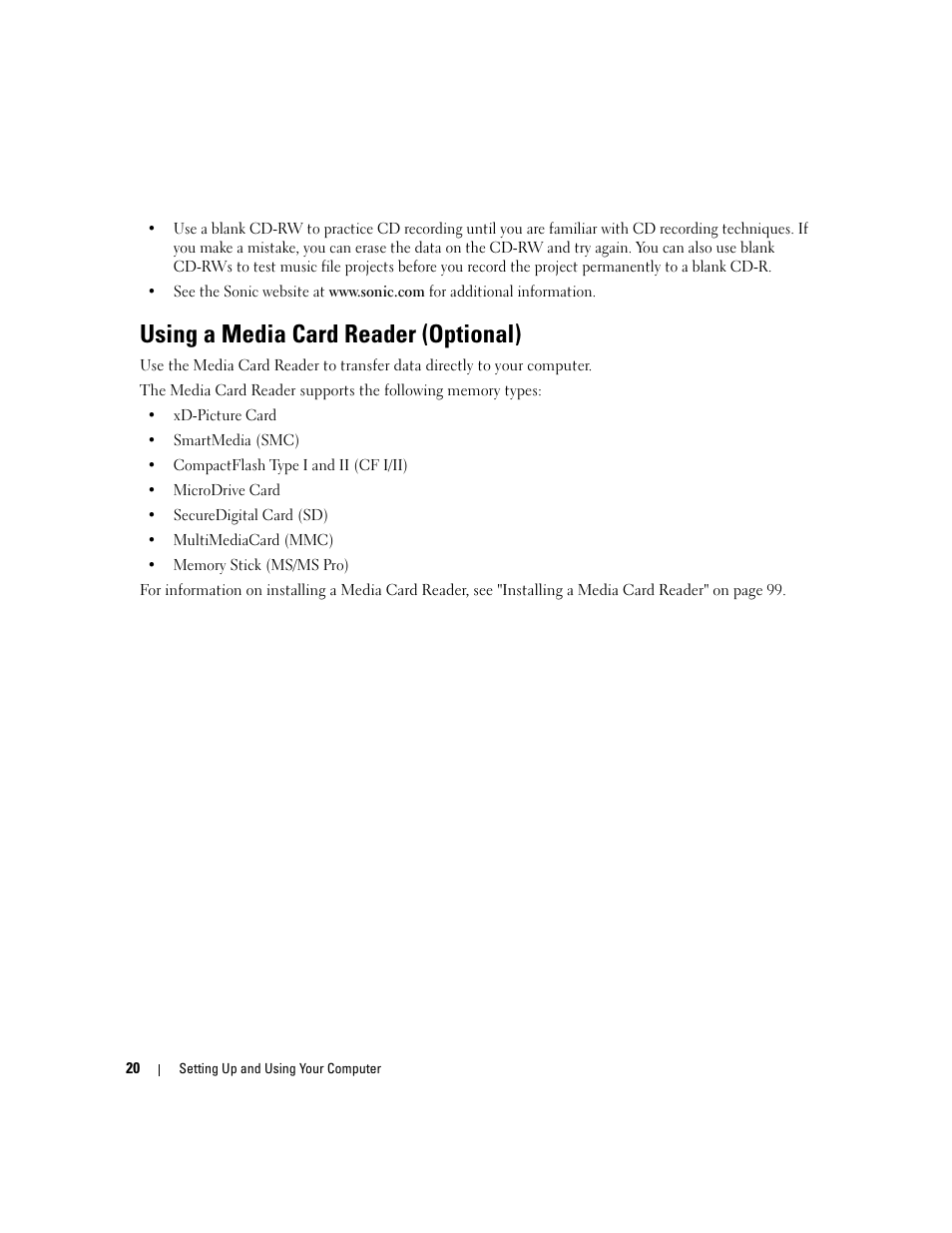 Using a media card reader (optional) | Dell Dimension E520 User Manual | Page 20 / 162