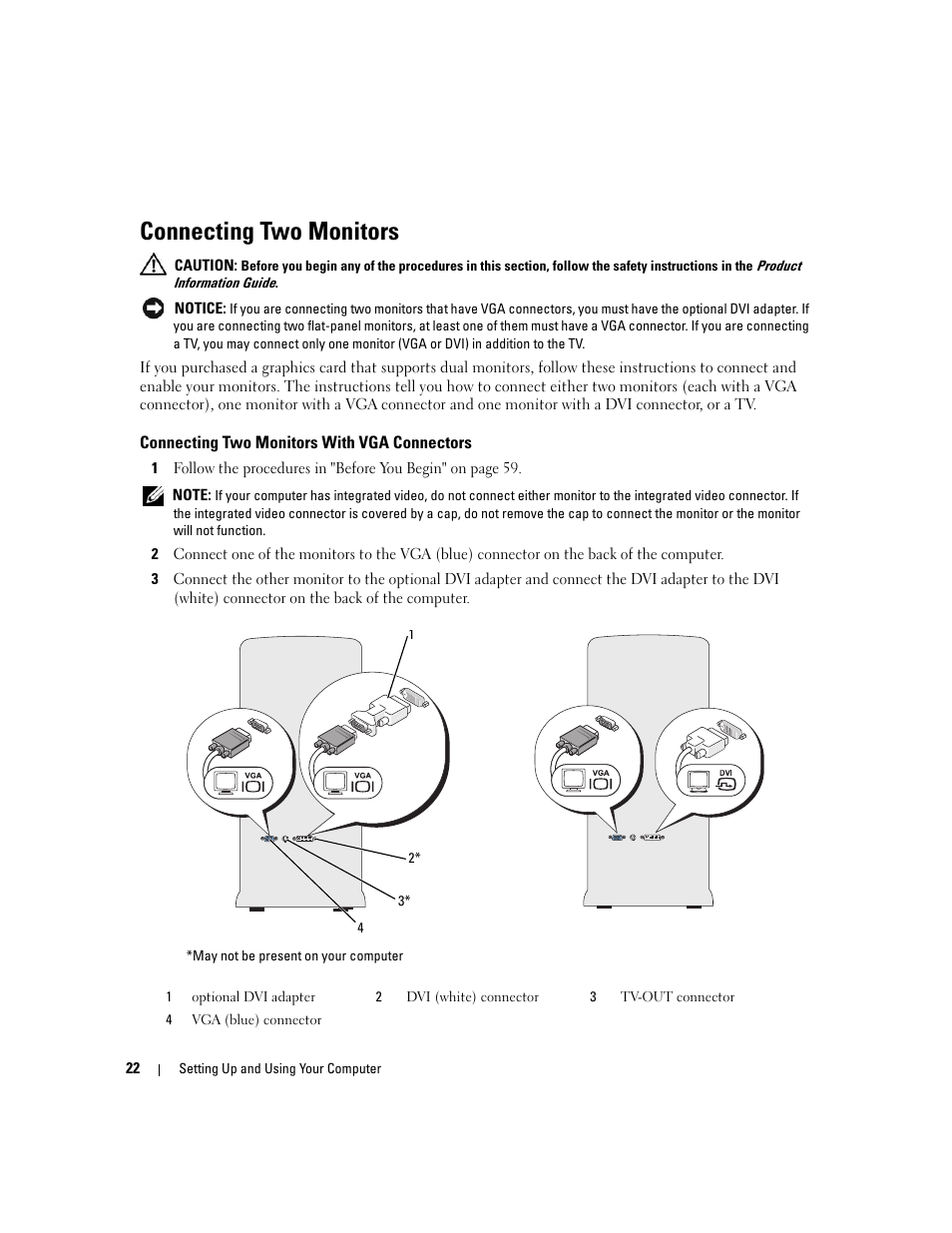 Connecting two monitors, Connecting two monitors with vga connectors | Dell Dimension E520 User Manual | Page 22 / 162
