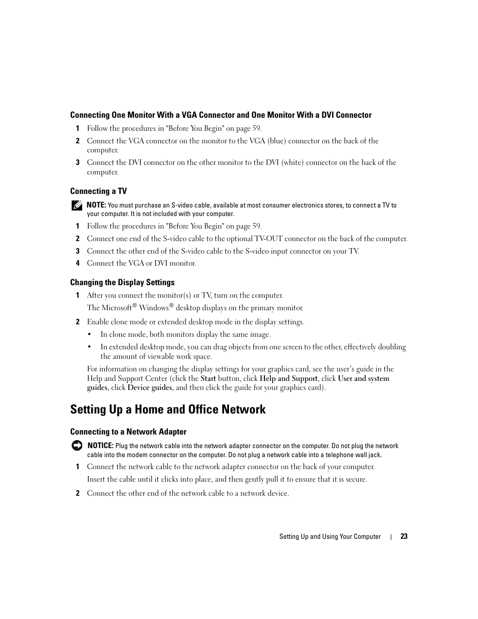 Connecting a tv, Changing the display settings, Setting up a home and office network | Connecting to a network adapter | Dell Dimension E520 User Manual | Page 23 / 162