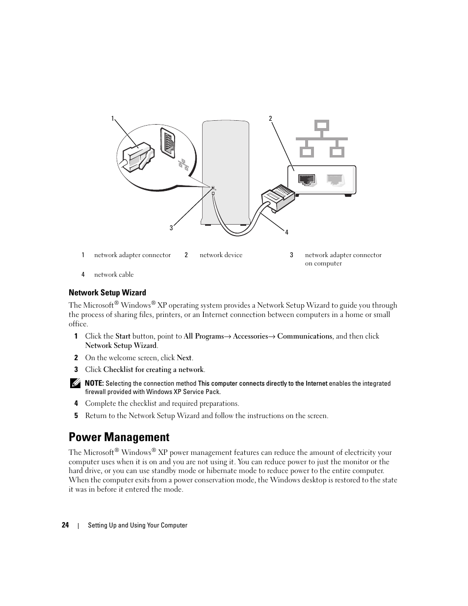 Network setup wizard, Power management | Dell Dimension E520 User Manual | Page 24 / 162