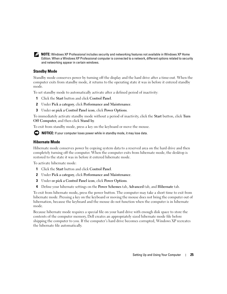 Standby mode, Hibernate mode | Dell Dimension E520 User Manual | Page 25 / 162