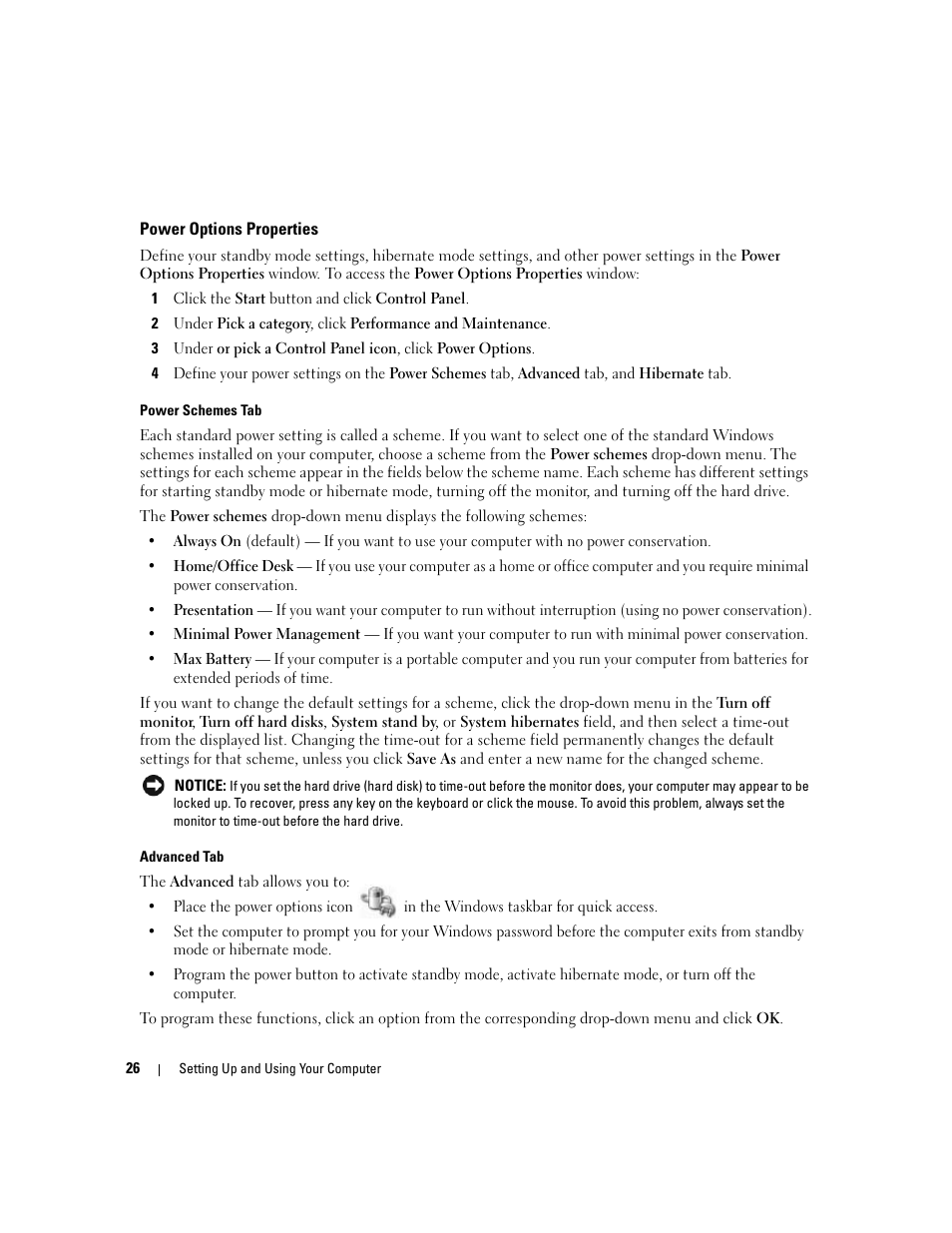 Power options properties | Dell Dimension E520 User Manual | Page 26 / 162