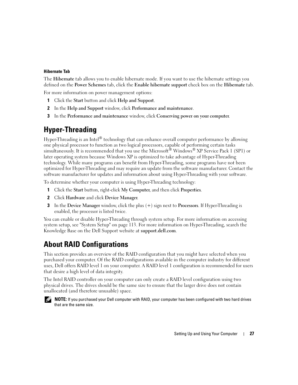 Hyper-threading, About raid configurations | Dell Dimension E520 User Manual | Page 27 / 162