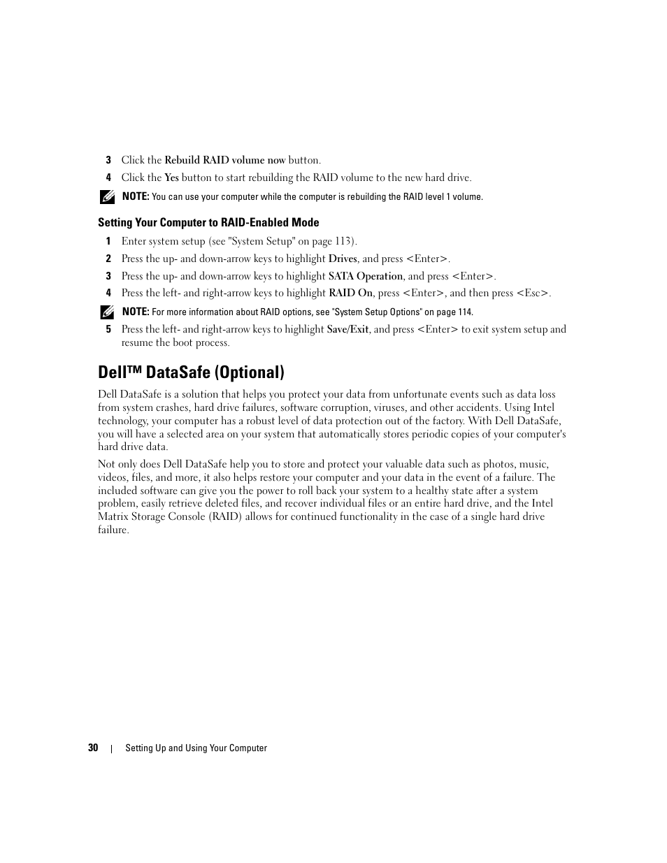 Setting your computer to raid-enabled mode, Dell™ datasafe (optional) | Dell Dimension E520 User Manual | Page 30 / 162