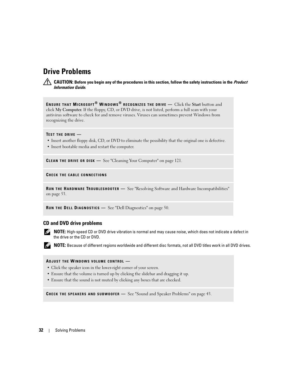 Drive problems, Cd and dvd drive problems | Dell Dimension E520 User Manual | Page 32 / 162