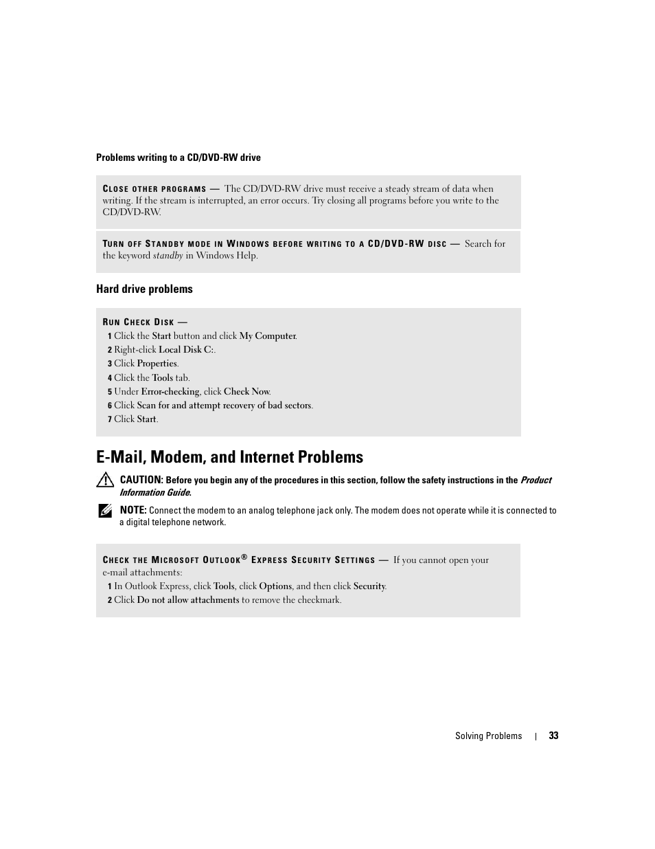 Hard drive problems, E-mail, modem, and internet problems | Dell Dimension E520 User Manual | Page 33 / 162