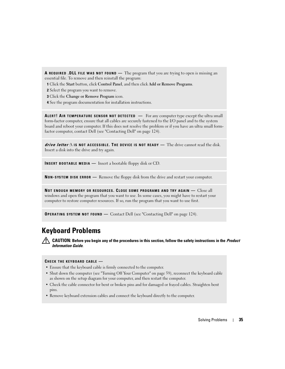 Keyboard problems, When you insert the telephone li | Dell Dimension E520 User Manual | Page 35 / 162
