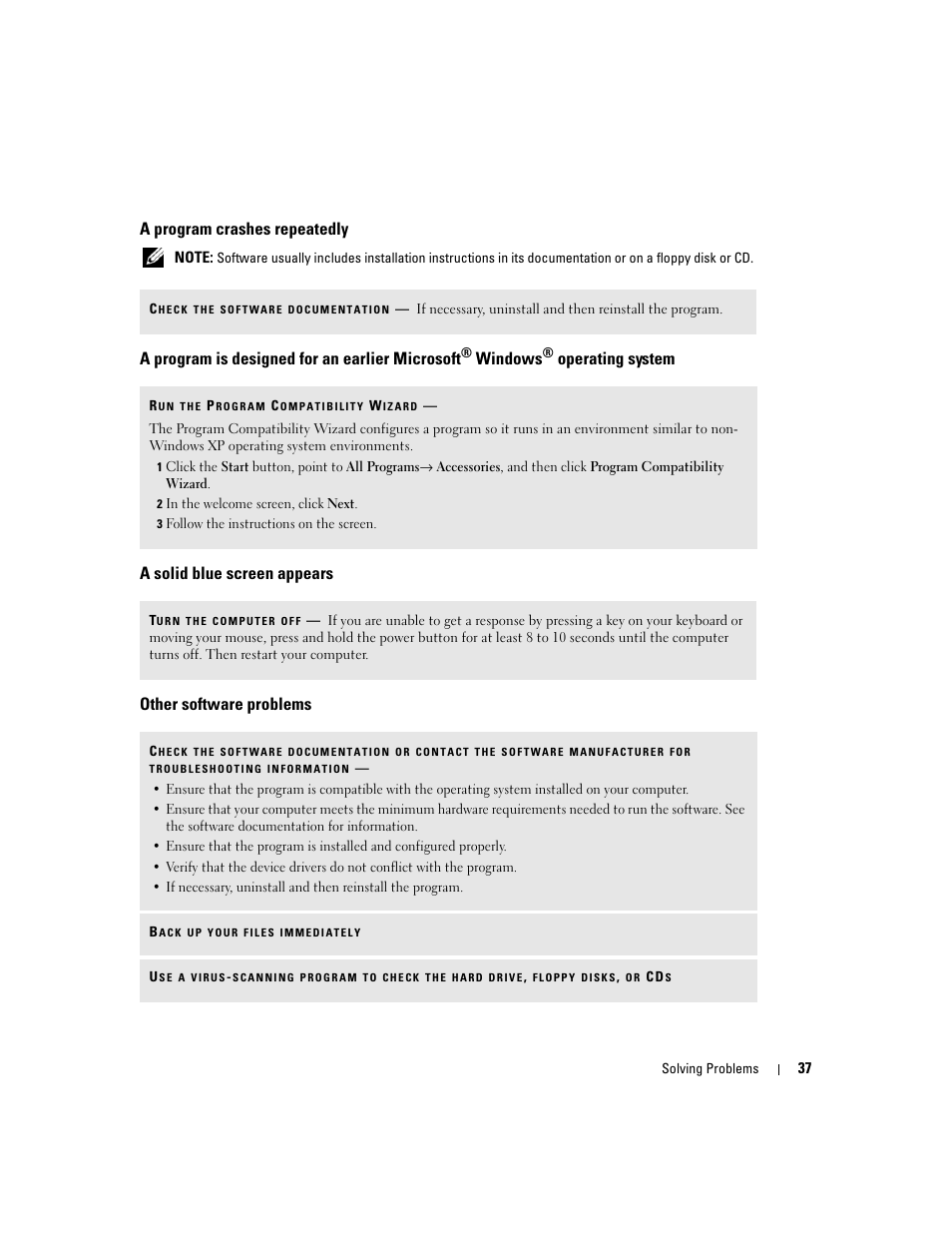 A program crashes repeatedly, A solid blue screen appears, Other software problems | A program is designed for an earlier microsoft, Windows | Dell Dimension E520 User Manual | Page 37 / 162