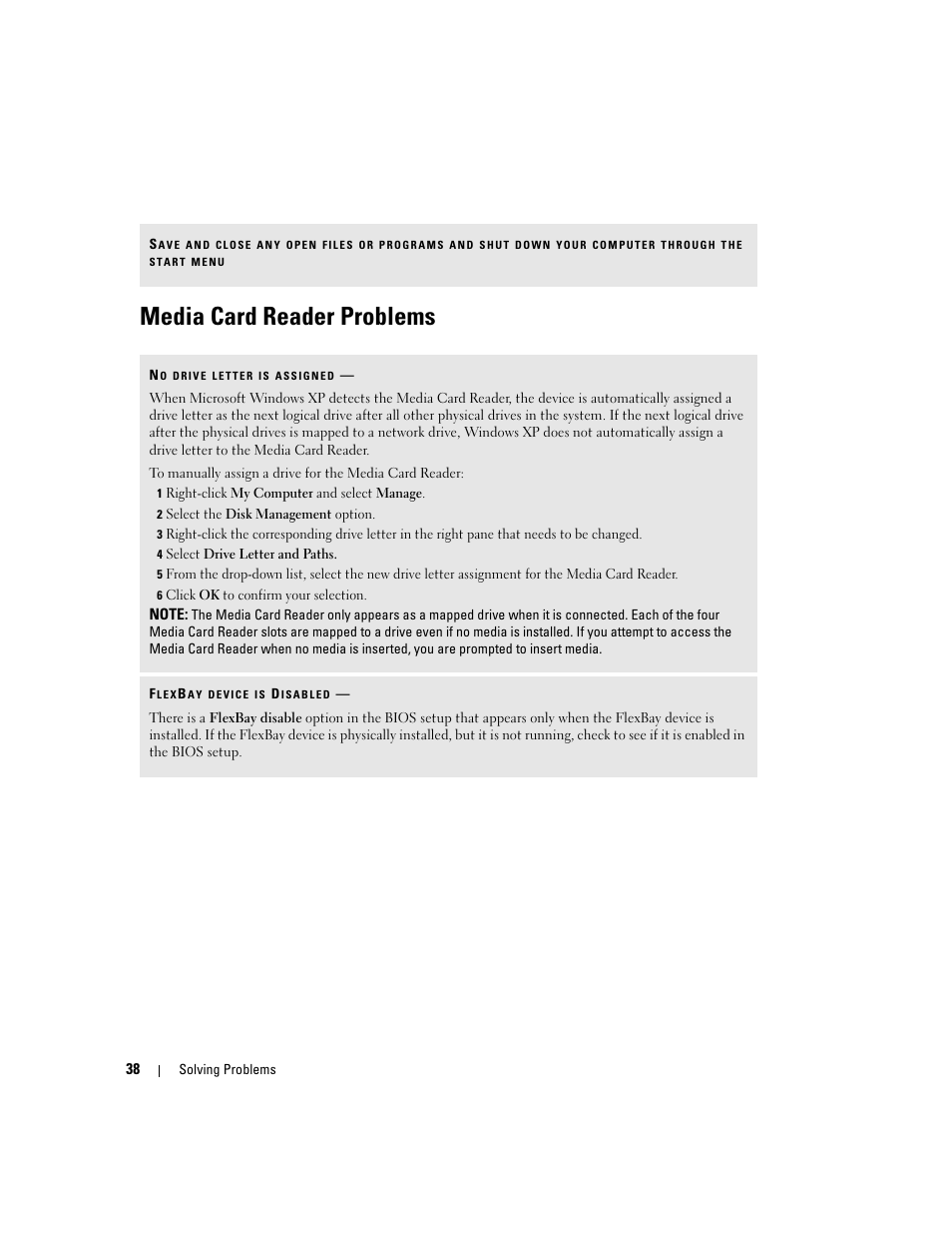Media card reader problems | Dell Dimension E520 User Manual | Page 38 / 162