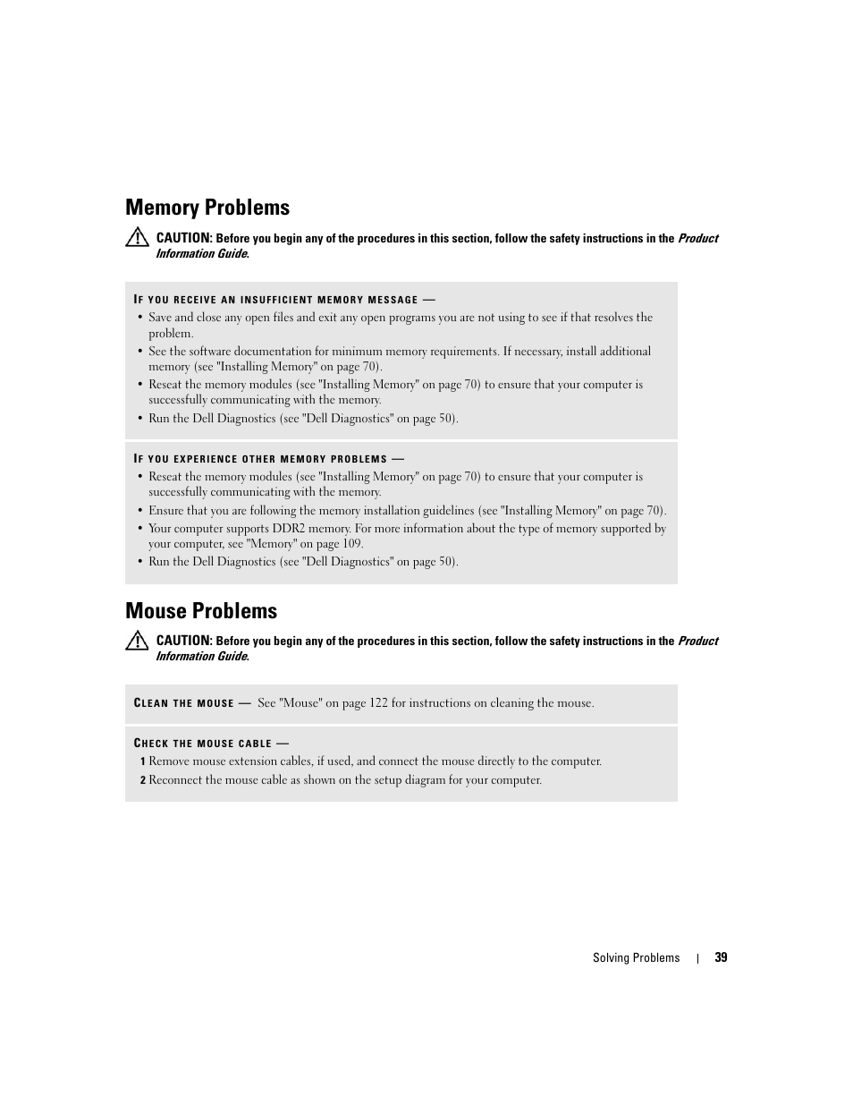 Memory problems, Mouse problems | Dell Dimension E520 User Manual | Page 39 / 162