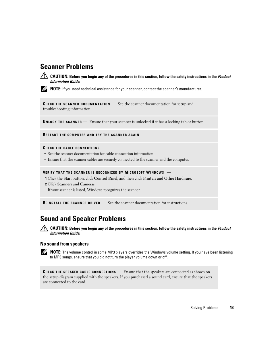 Scanner problems, Sound and speaker problems, No sound from speakers | Dell Dimension E520 User Manual | Page 43 / 162