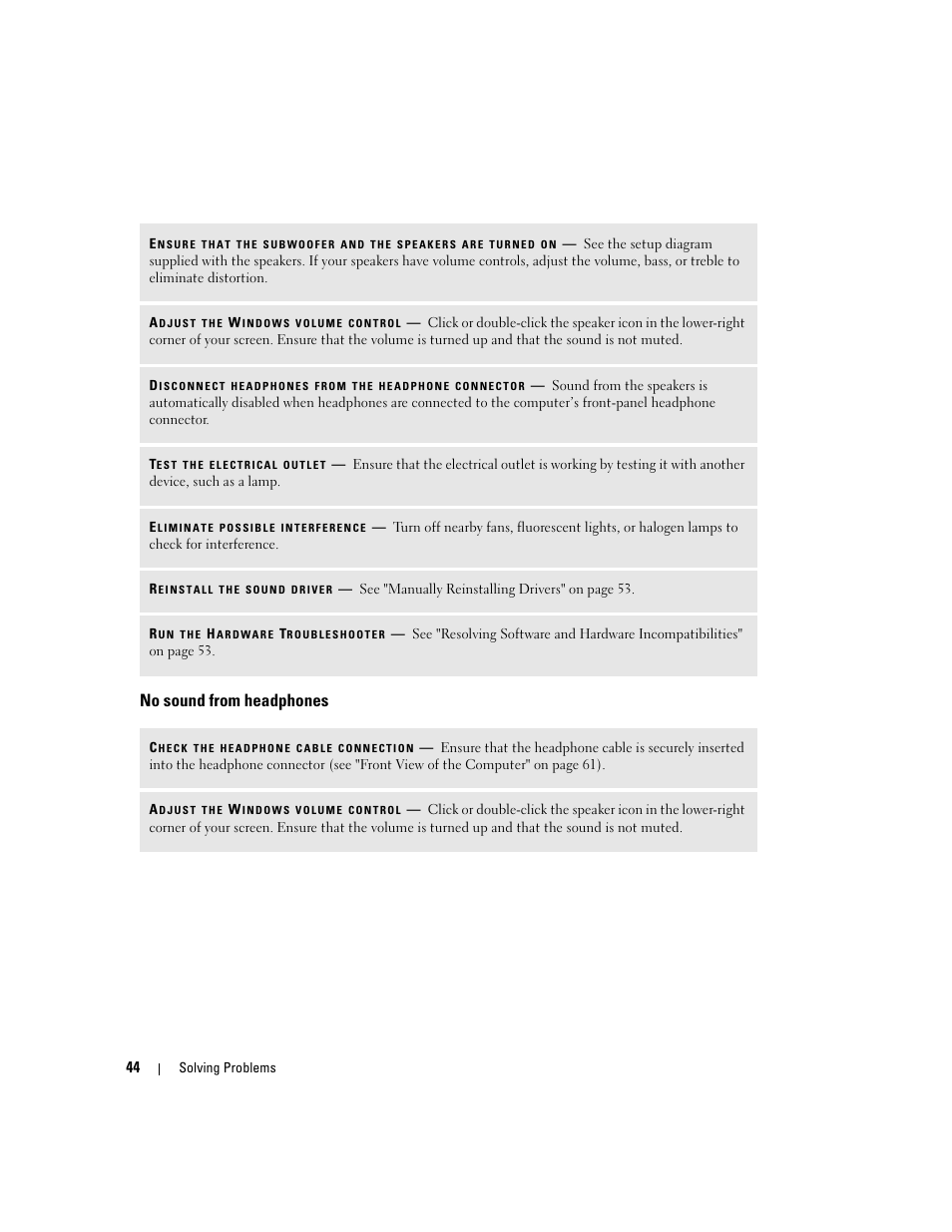 No sound from headphones | Dell Dimension E520 User Manual | Page 44 / 162