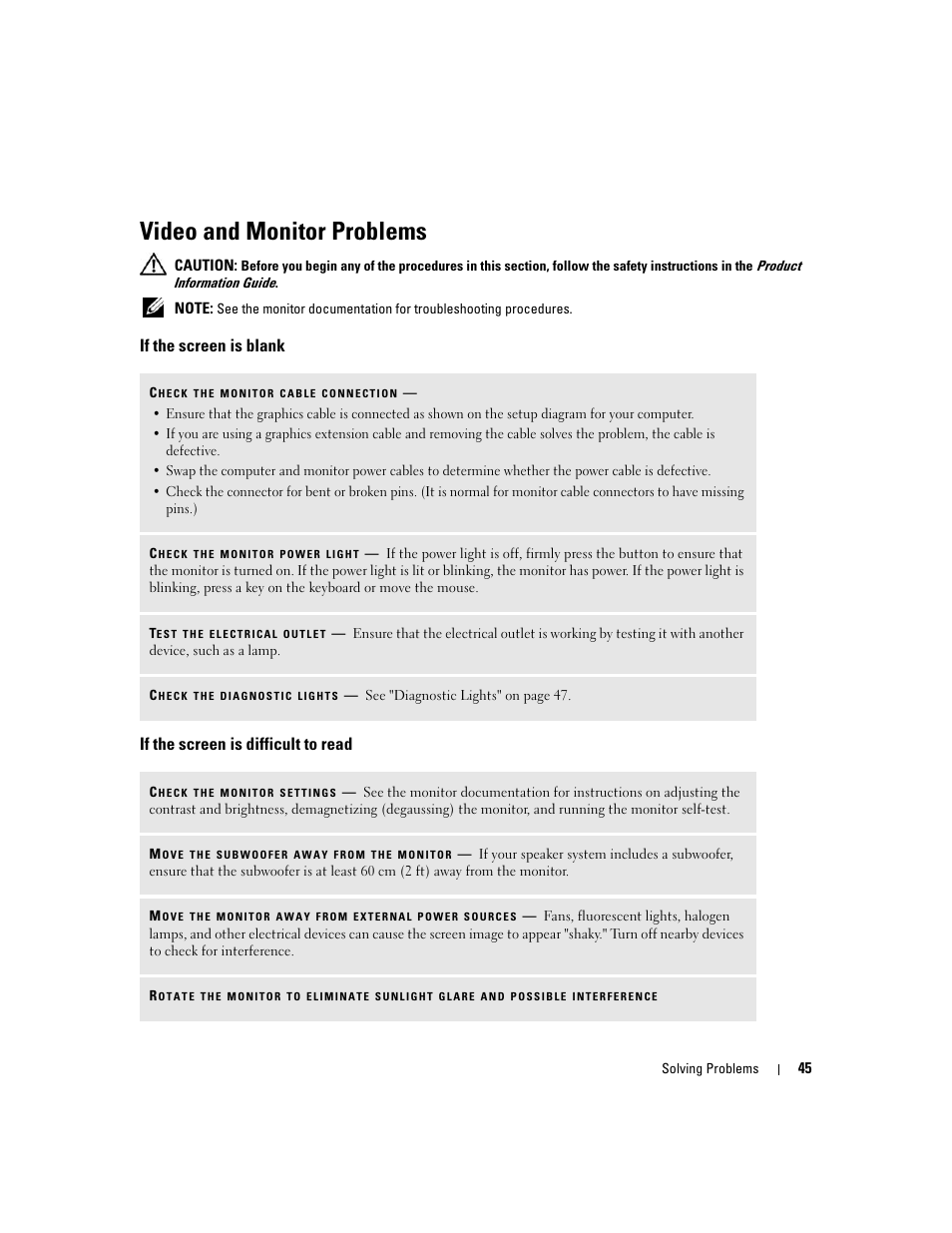 Video and monitor problems, If the screen is blank, If the screen is difficult to read | Dell Dimension E520 User Manual | Page 45 / 162