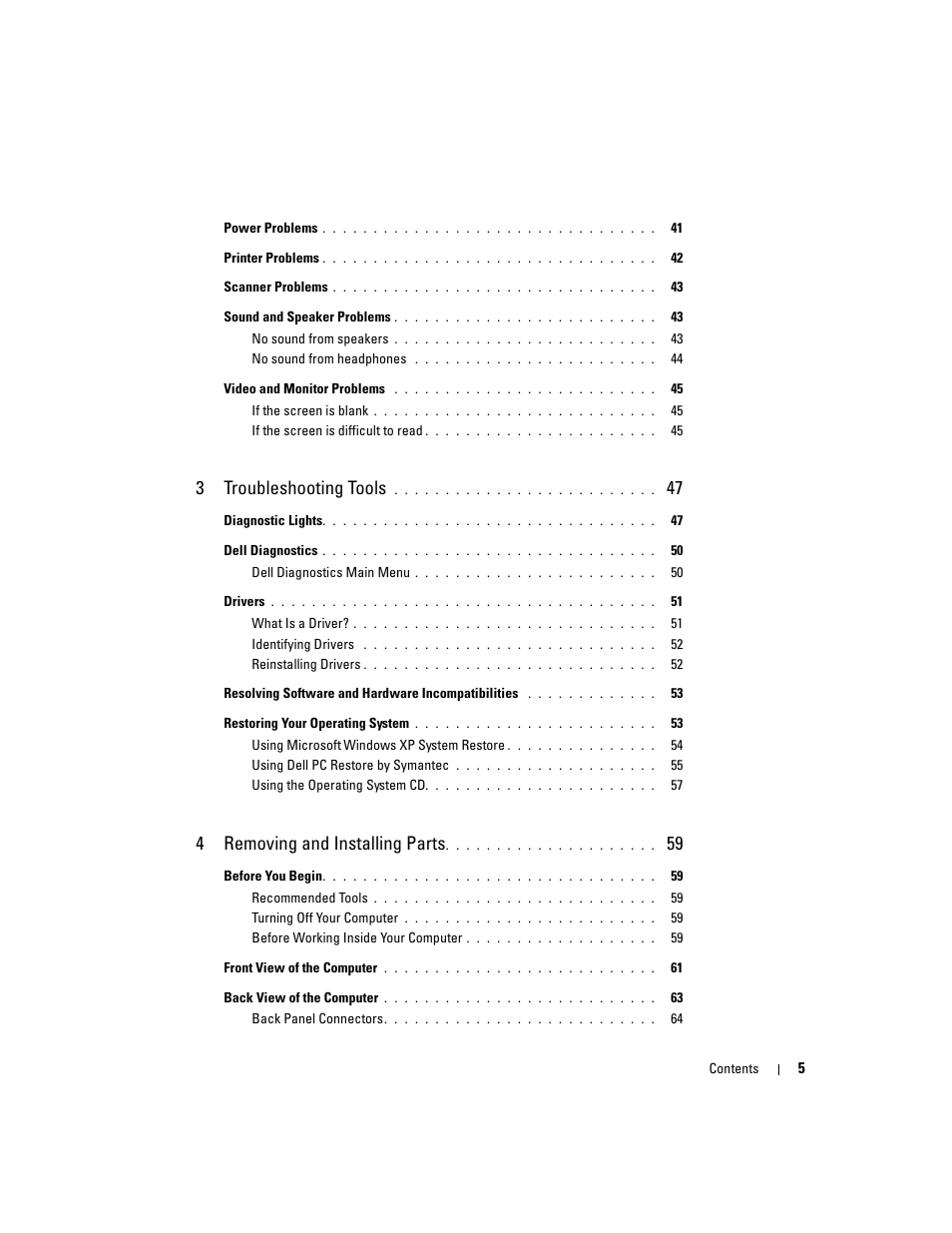 3troubleshooting tools, 4removing and installing parts | Dell Dimension E520 User Manual | Page 5 / 162