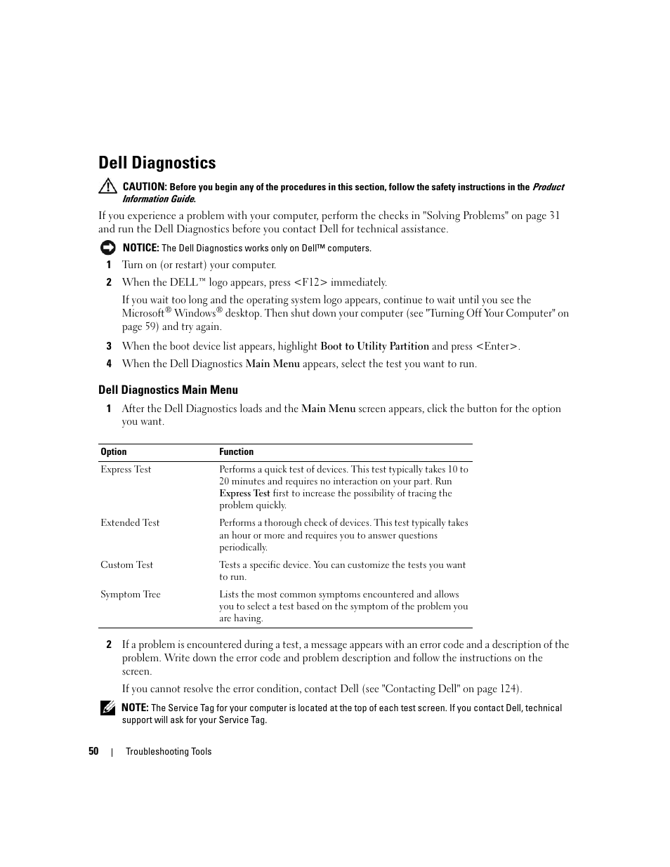 Dell diagnostics, Dell diagnostics main menu | Dell Dimension E520 User Manual | Page 50 / 162