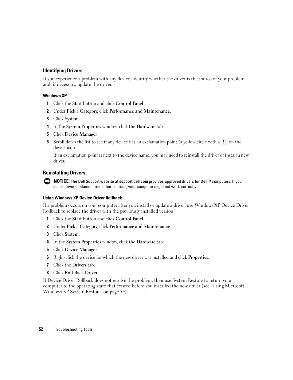 Identifying drivers, Reinstalling drivers | Dell Dimension E520 User Manual | Page 52 / 162