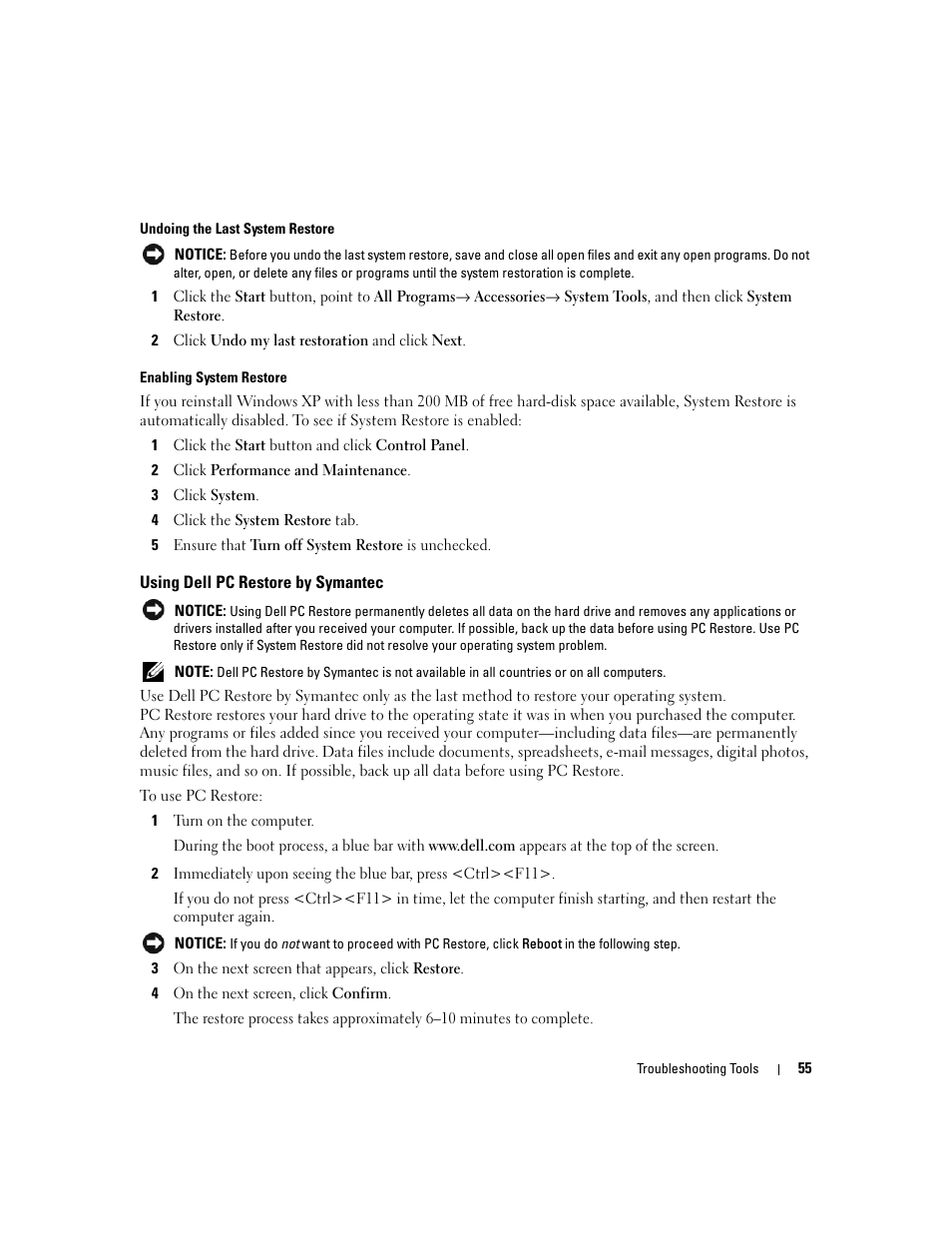 Using dell pc restore by symantec | Dell Dimension E520 User Manual | Page 55 / 162