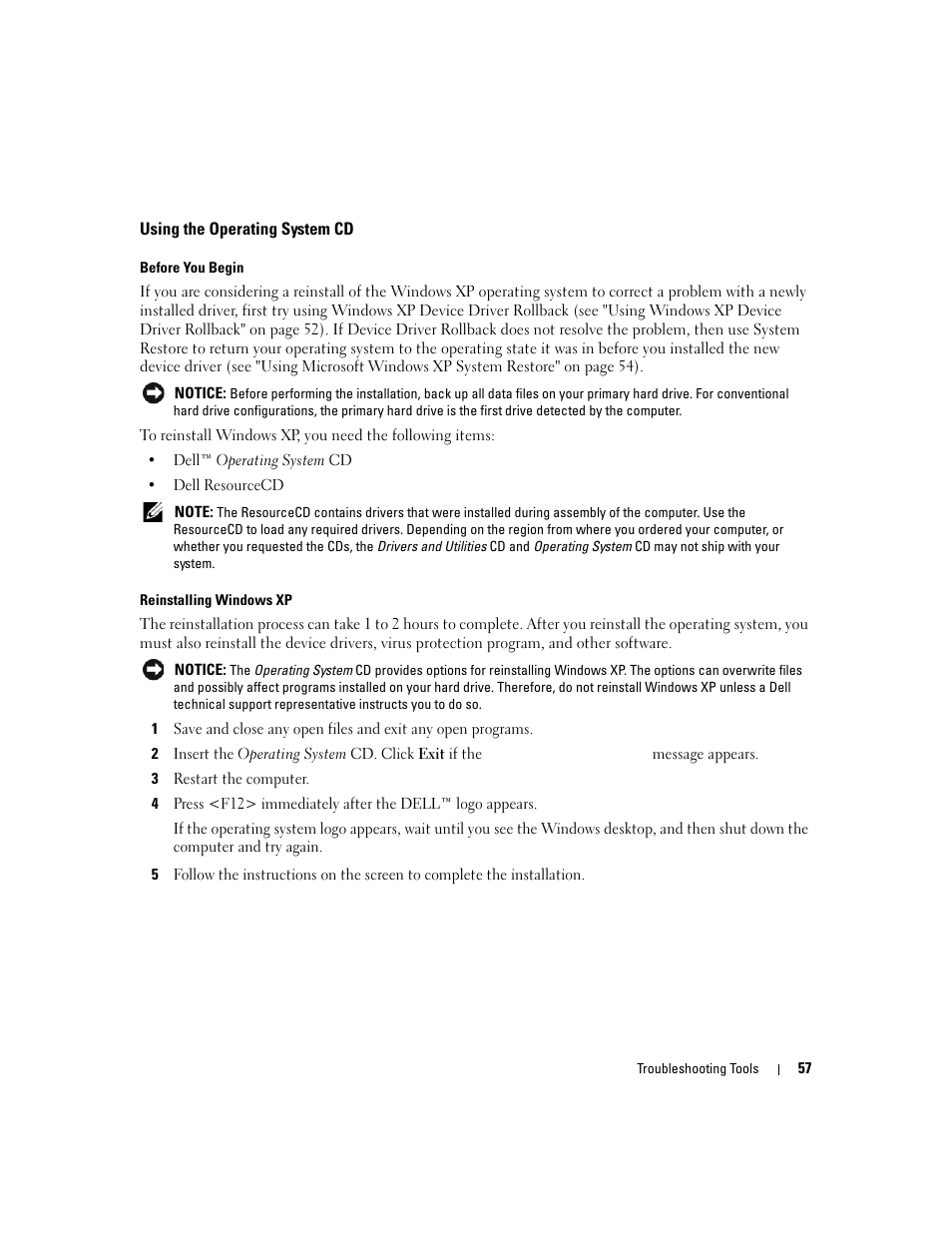 Using the operating system cd | Dell Dimension E520 User Manual | Page 57 / 162