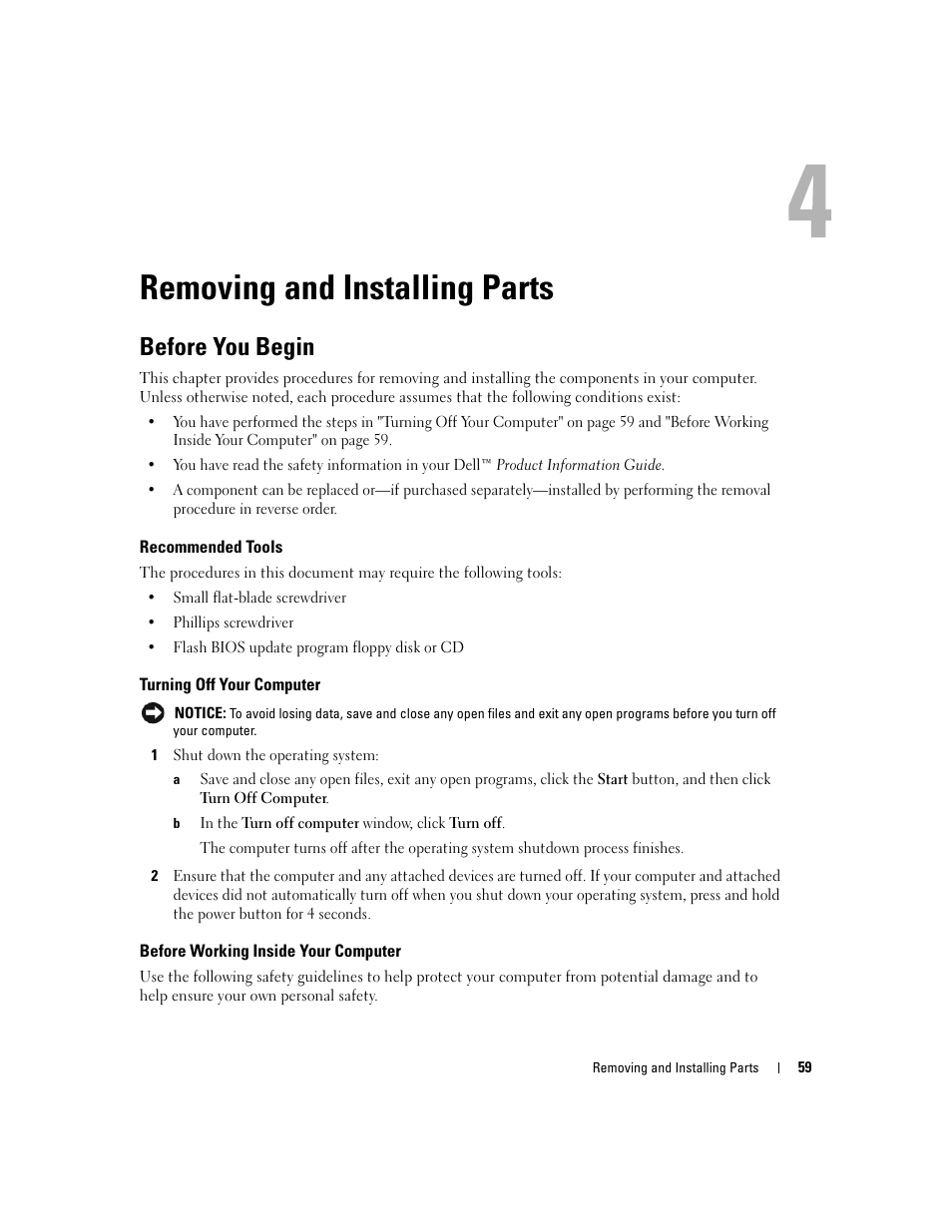 Removing and installing parts, Before you begin, Recommended tools | Turning off your computer, Before working inside your computer, Er (see "turning off your computer" on | Dell Dimension E520 User Manual | Page 59 / 162