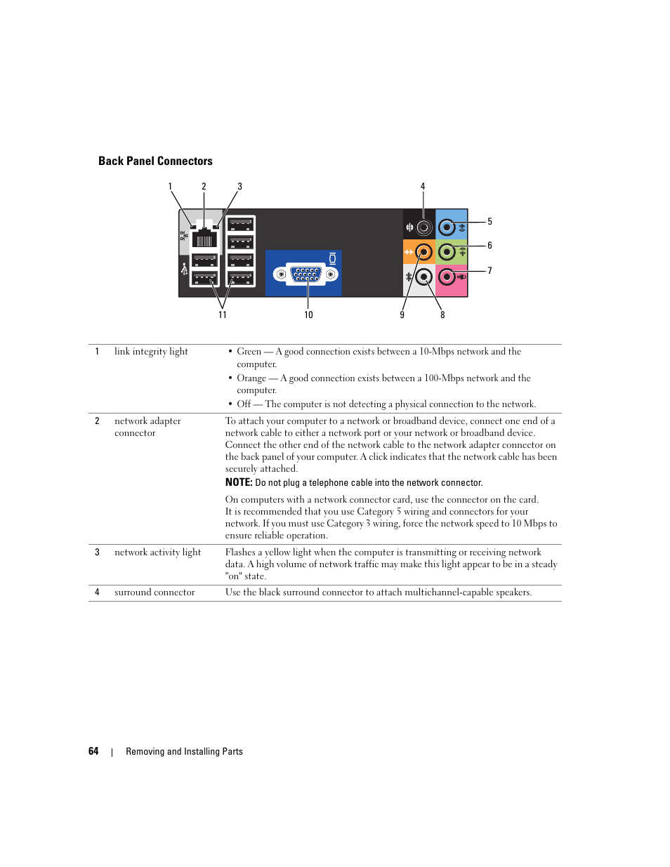 Back panel connectors | Dell Dimension E520 User Manual | Page 64 / 162