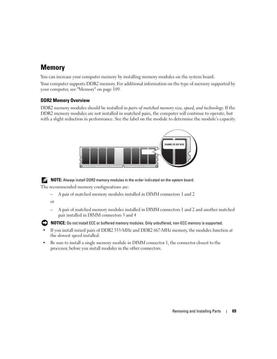 Memory, Ddr2 memory overview | Dell Dimension E520 User Manual | Page 69 / 162