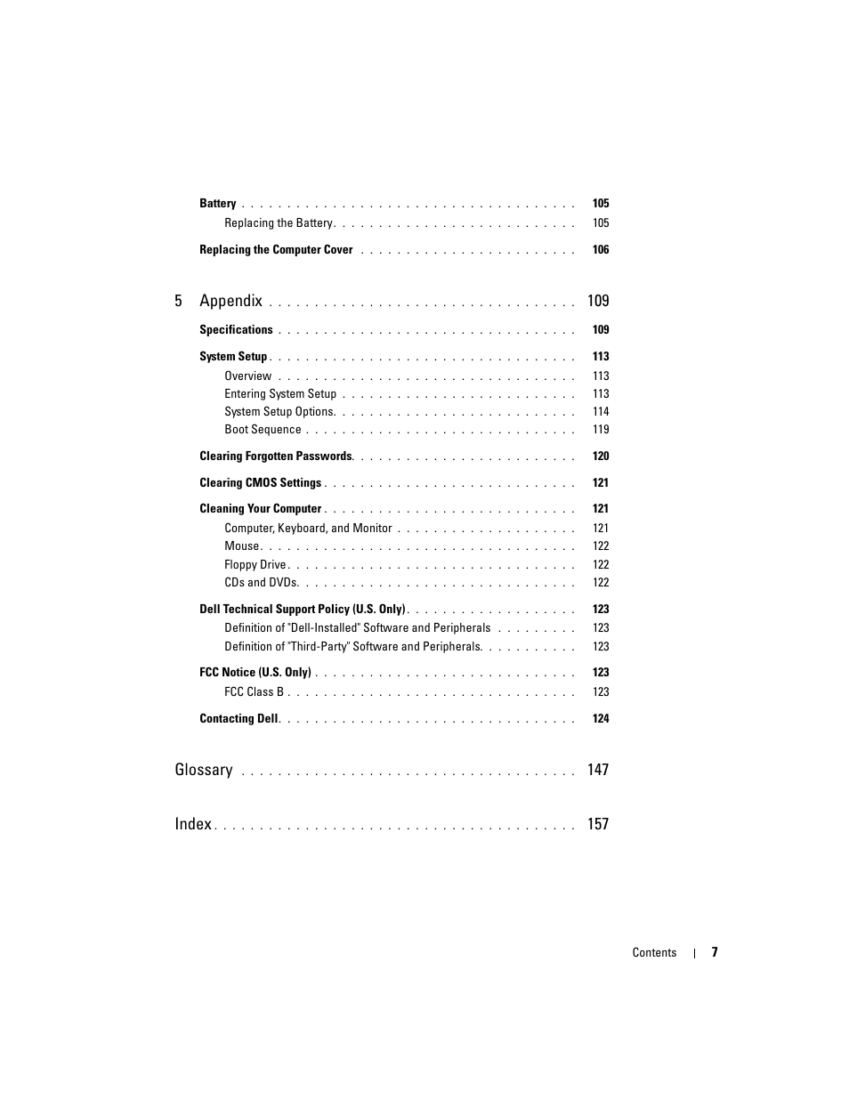 5appendix, Glossary, 147 index | Dell Dimension E520 User Manual | Page 7 / 162