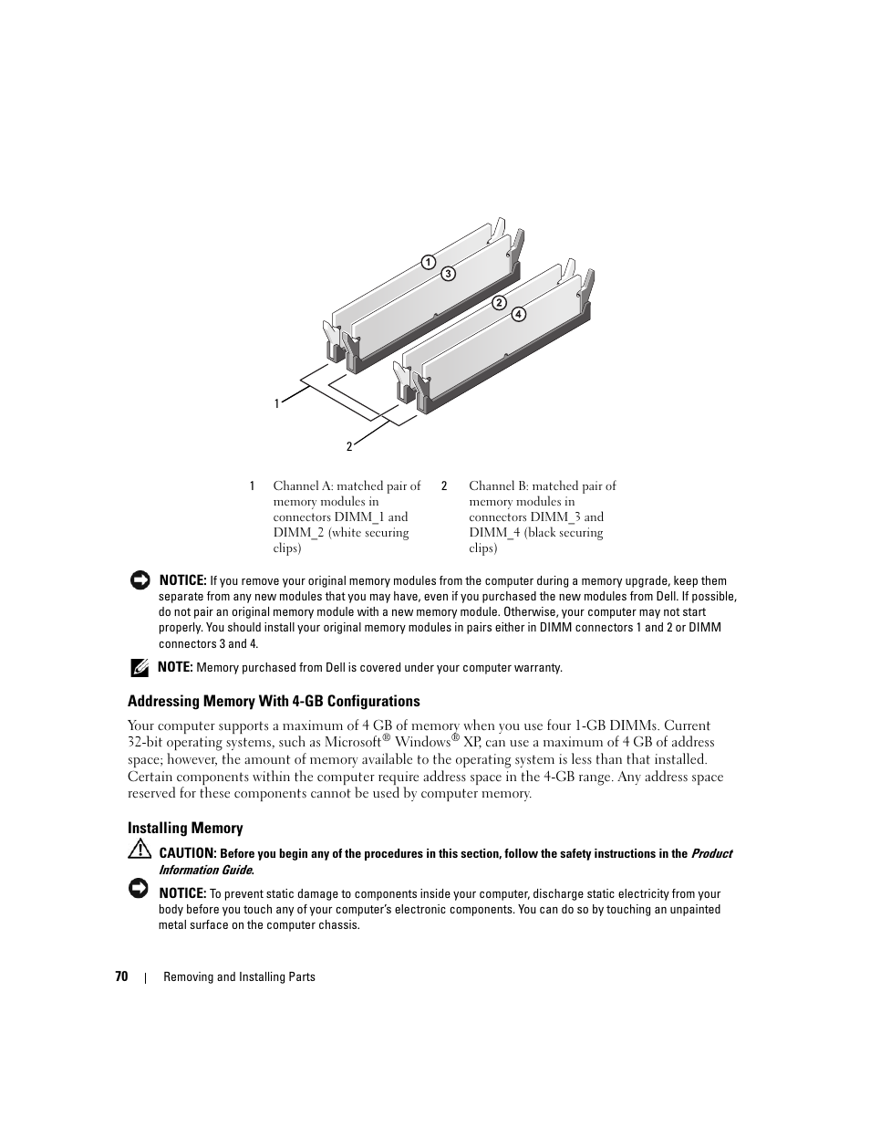 Addressing memory with 4-gb configurations, Installing memory | Dell Dimension E520 User Manual | Page 70 / 162