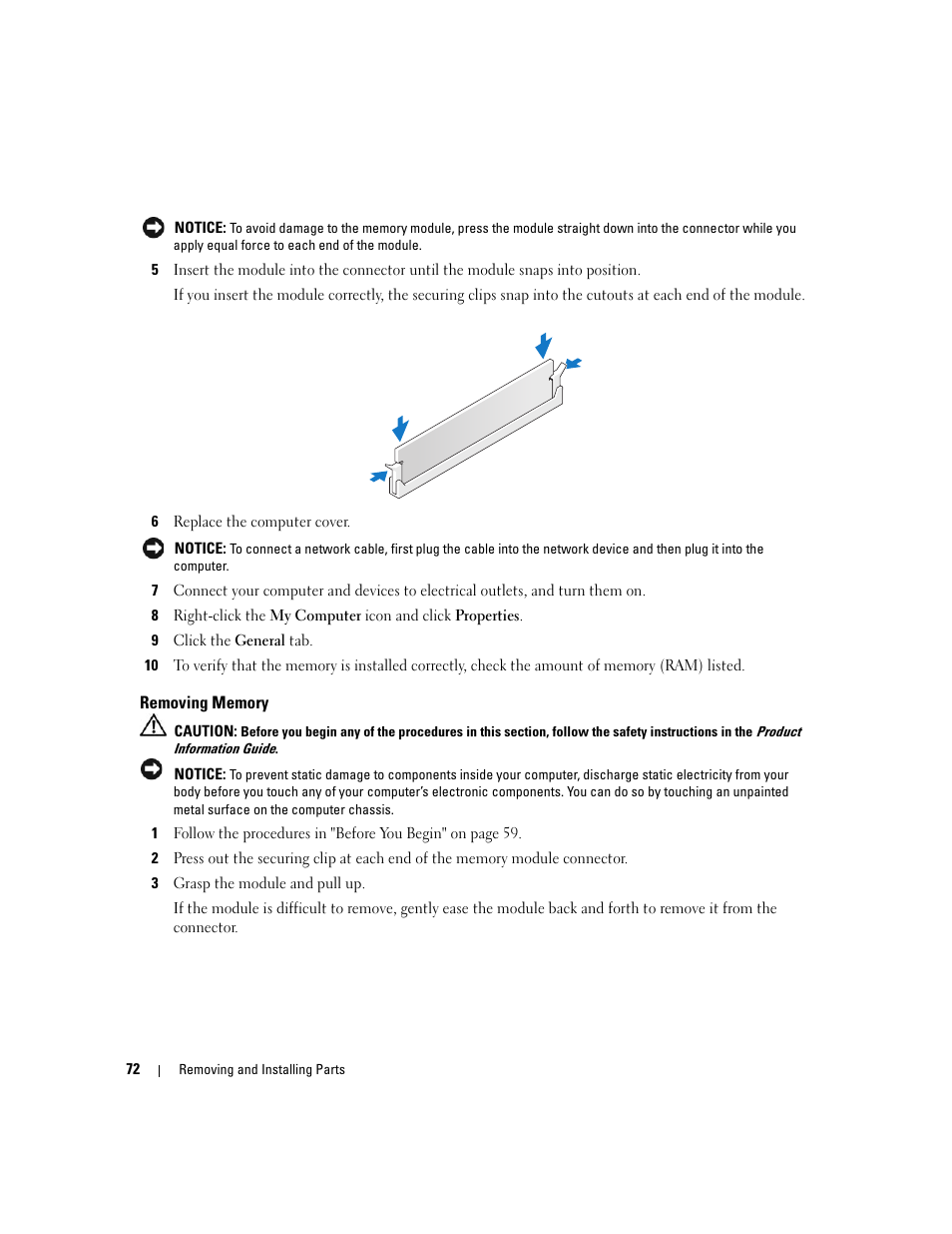 Removing memory | Dell Dimension E520 User Manual | Page 72 / 162