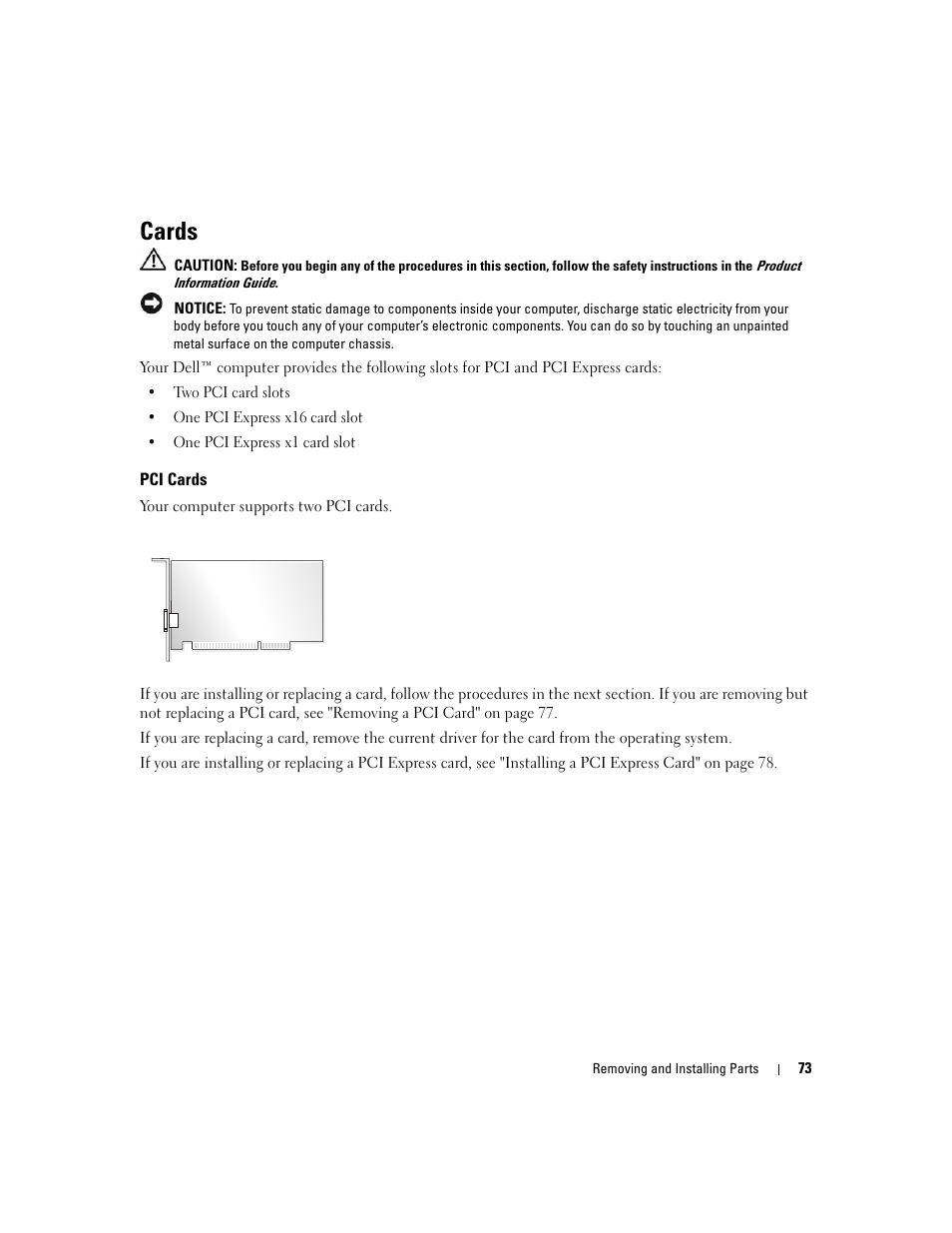 Cards, Pci cards | Dell Dimension E520 User Manual | Page 73 / 162