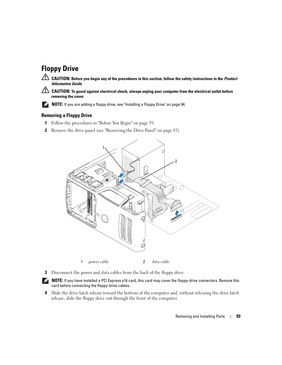 Floppy drive, Removing a floppy drive | Dell Dimension E520 User Manual | Page 93 / 162