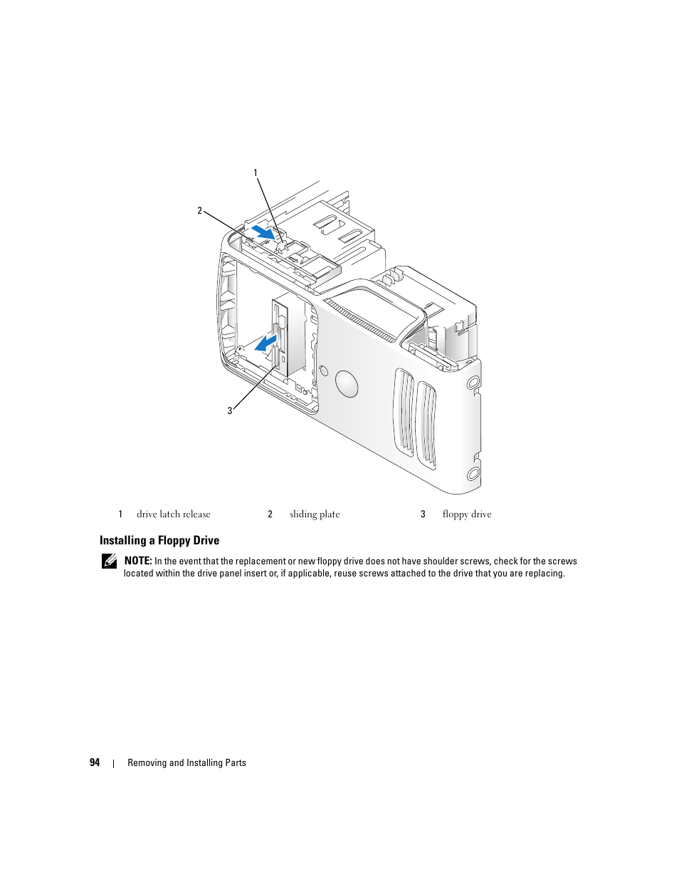 Installing a floppy drive | Dell Dimension E520 User Manual | Page 94 / 162