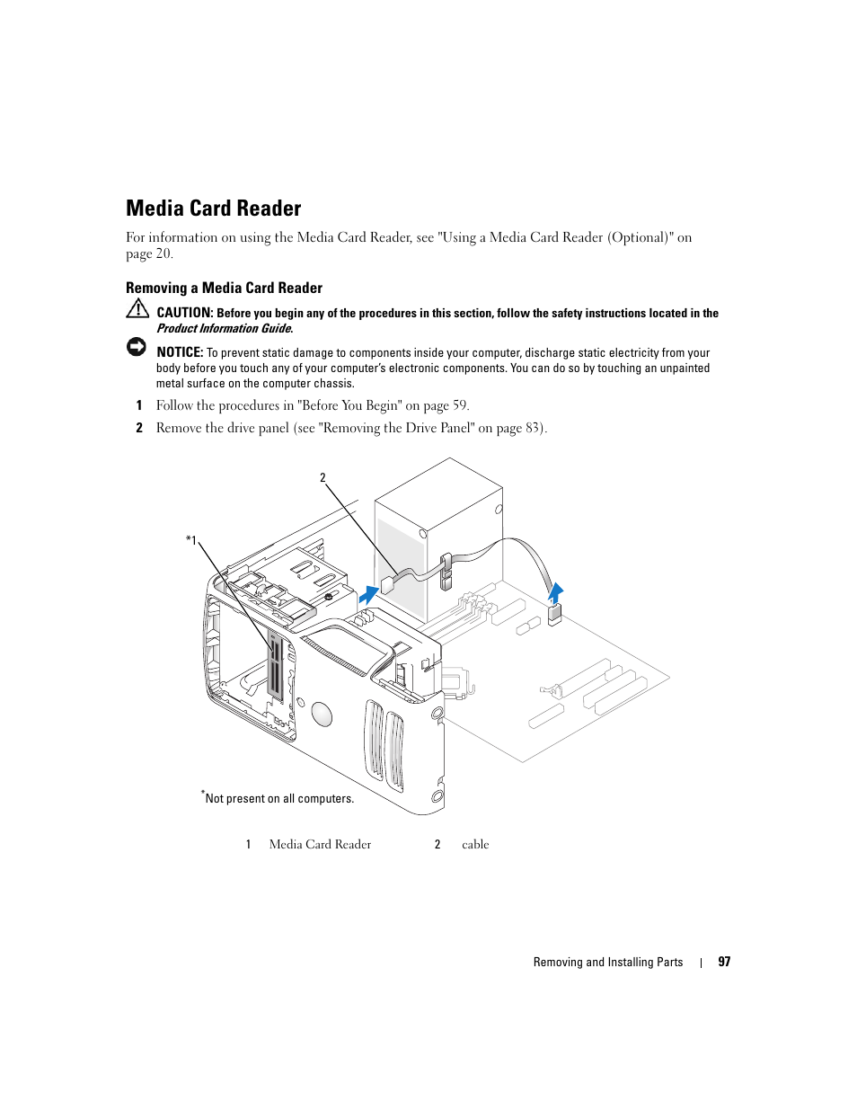 Media card reader, Removing a media card reader | Dell Dimension E520 User Manual | Page 97 / 162