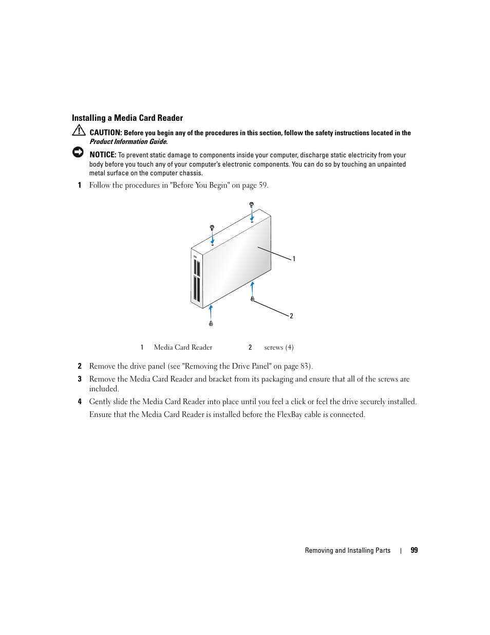 Installing a media card reader | Dell Dimension E520 User Manual | Page 99 / 162