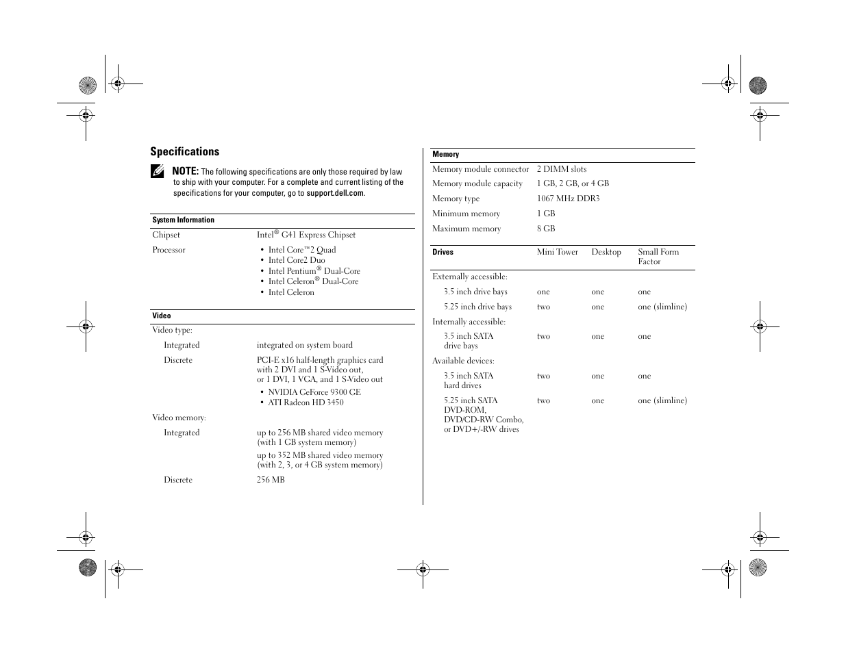 Specifications | Dell OptiPlex 380 (Late 2009) User Manual | Page 6 / 8