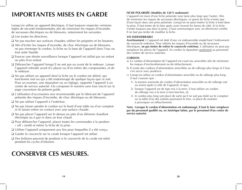 Importantes mises en garde, Conserver ces mesures | Black & Decker DCM100W User Manual | Page 11 / 19