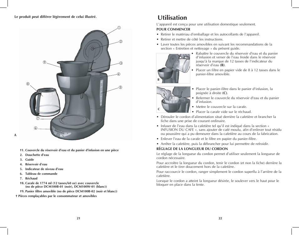Utilisation | Black & Decker DCM100W User Manual | Page 12 / 19