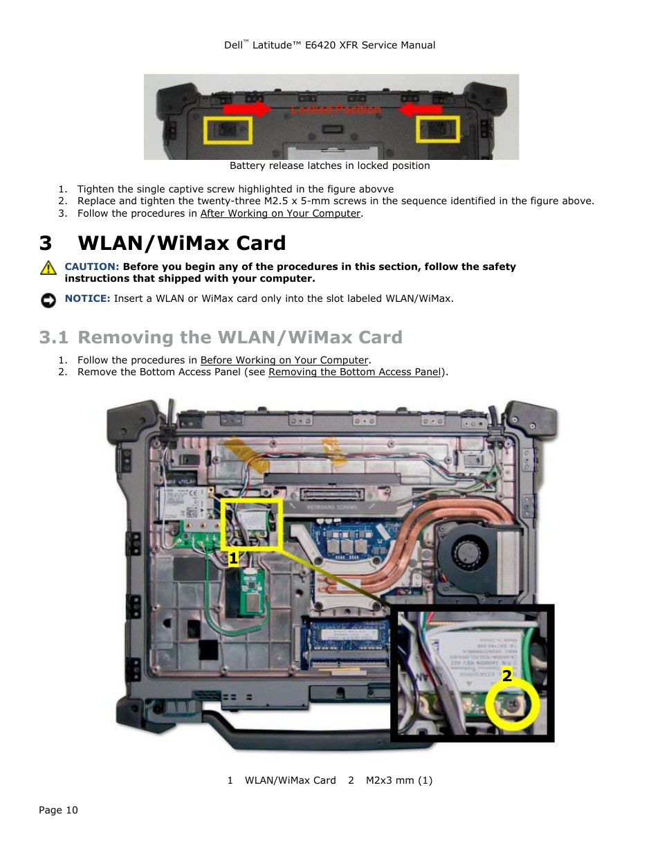 3 wlan/wimax card, 1 removing the wlan/wimax card, Wlan/wimax card | Emoving the, Wlan/w | Dell Latitude E6420 XFR (Early 2011) User Manual | Page 10 / 81