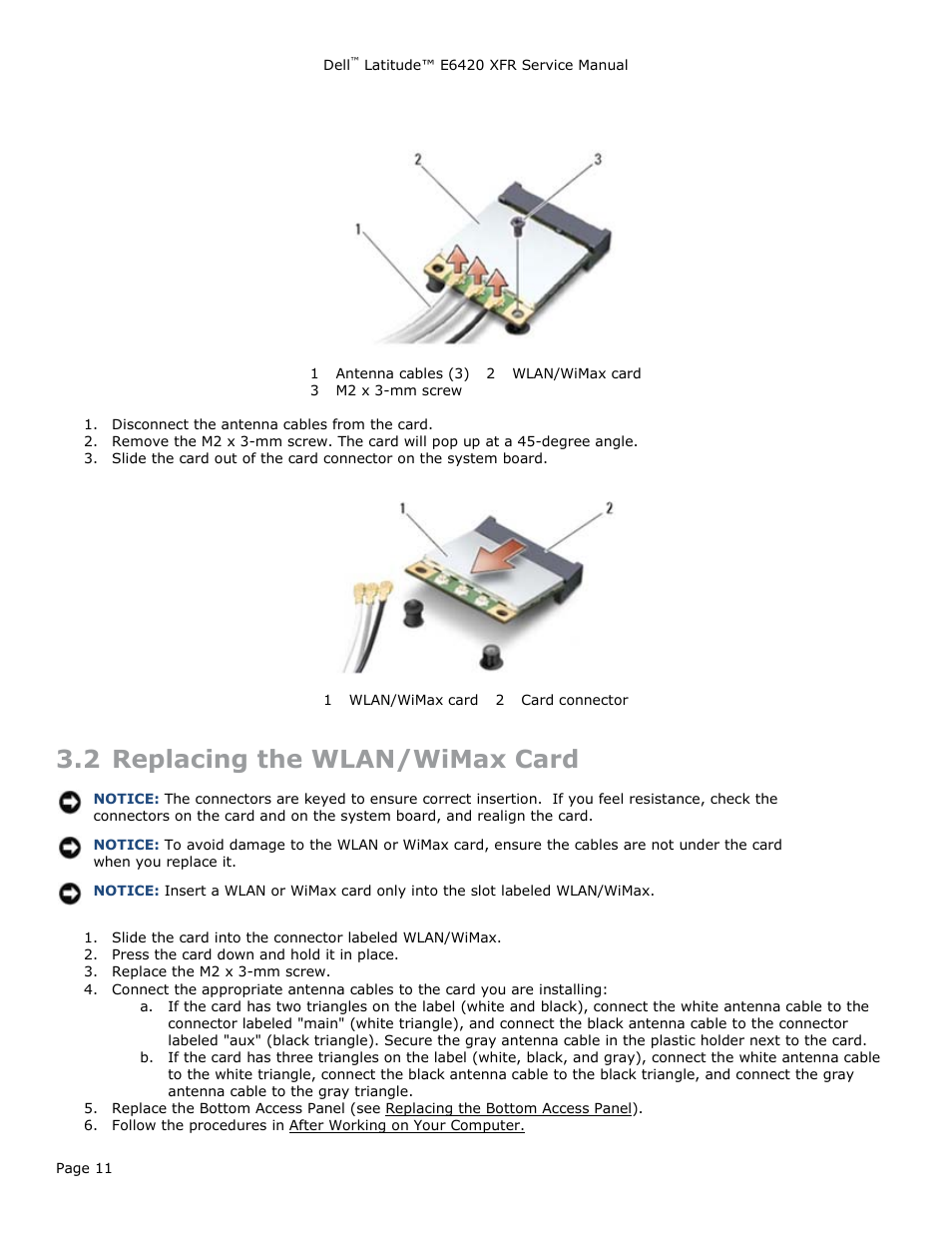 2 replacing the wlan/wimax card, Eplacing the, Wlan/w | Dell Latitude E6420 XFR (Early 2011) User Manual | Page 11 / 81