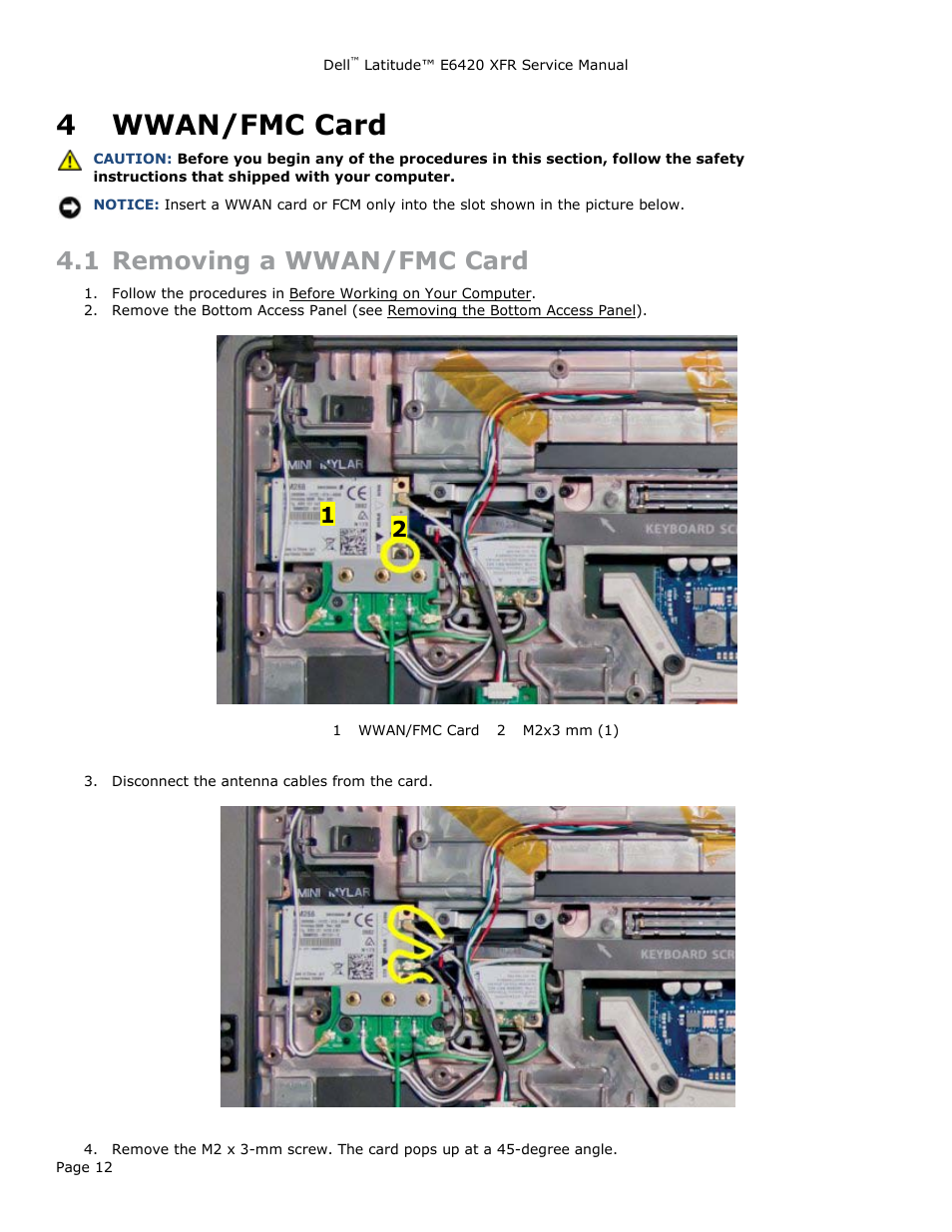 4 wwan/fmc card, 1 removing a wwan/fmc card, Wwan/fmc card | Emoving a, Wwan/fmc | Dell Latitude E6420 XFR (Early 2011) User Manual | Page 12 / 81