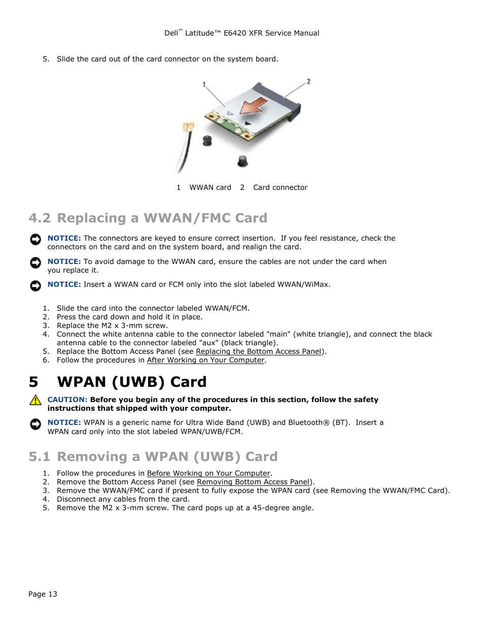 2 replacing a wwan/fmc card, 5 wpan (uwb) card, 1 removing a wpan (uwb) card | Eplacing a, Wwan/fmc, Wpan (uwb) card, Emoving a, Wpan, Uwb) | Dell Latitude E6420 XFR (Early 2011) User Manual | Page 13 / 81